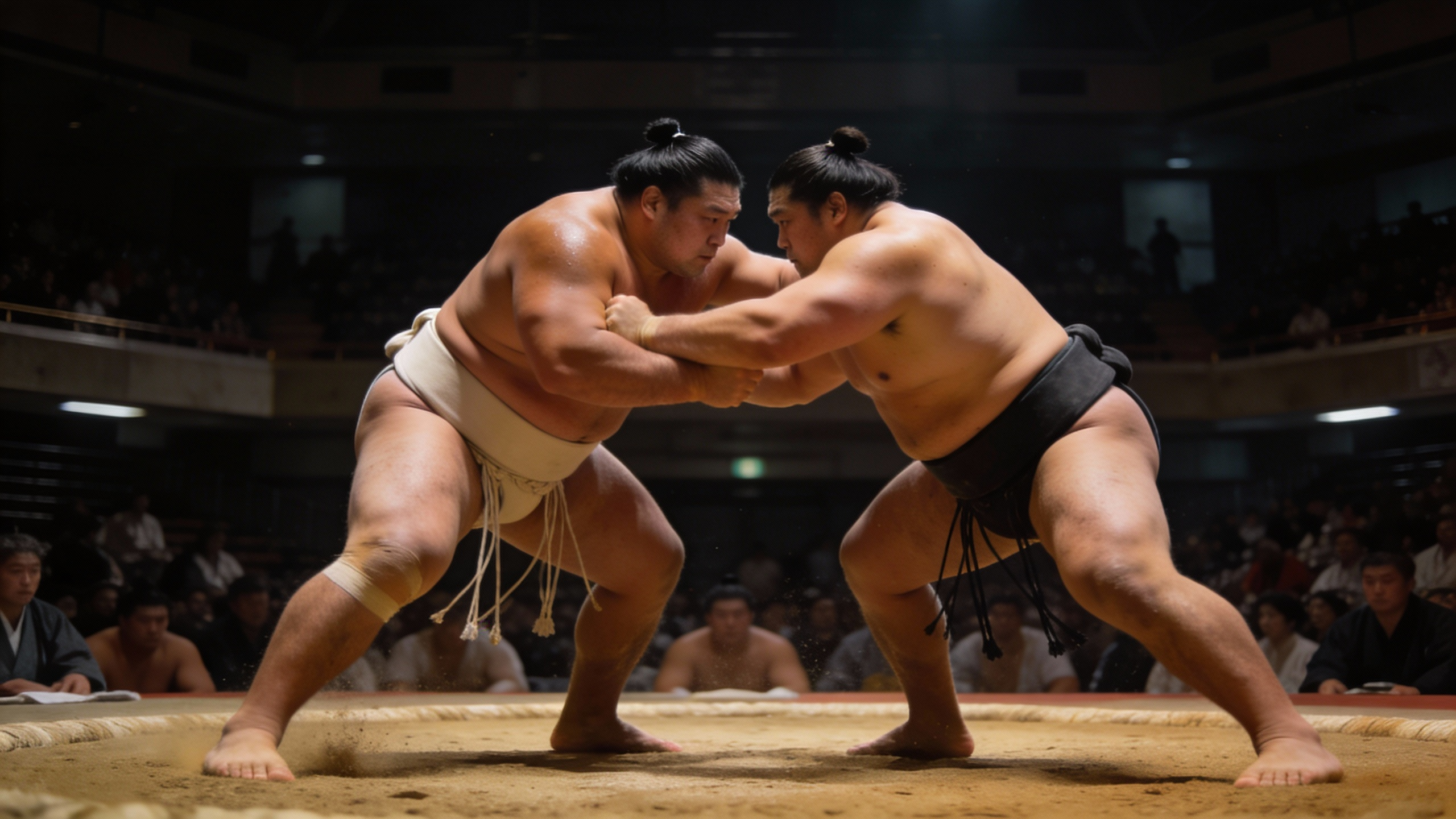 AI generated image using SEEDREAM_4_5: Inside a gymnasium, two sumo wrestlers engage in intense combat under dim light ...