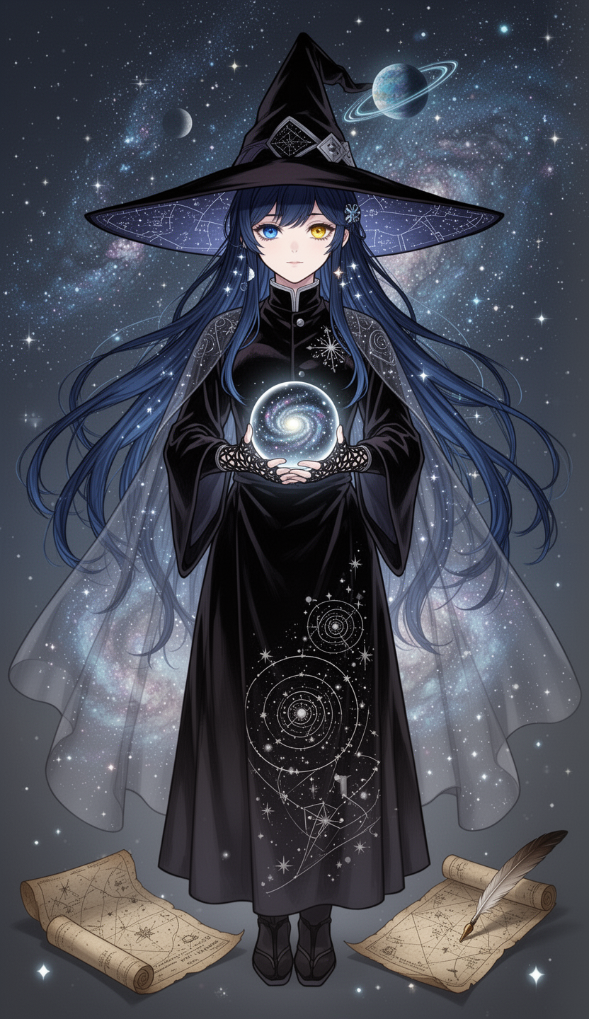 AI generated image using WERYAI_IMAGE_2_0: A frontal portrait of a witch in the style of 'Demon Slayer,' her long deep blue...
