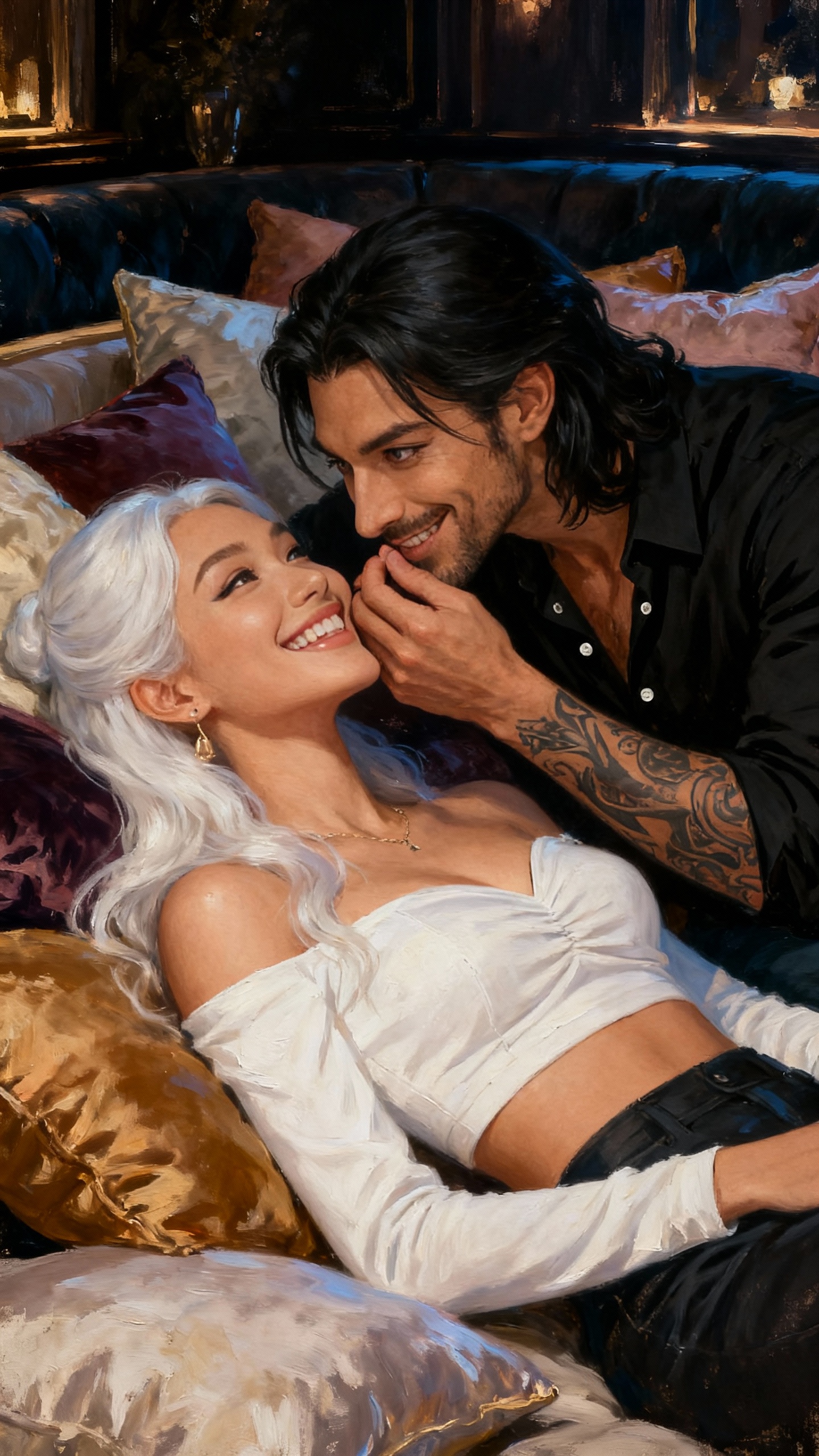 AI generated image using SEEDREAM: oil painting style, Dominic with a mischievous glint in his eyes, Yue with her r...