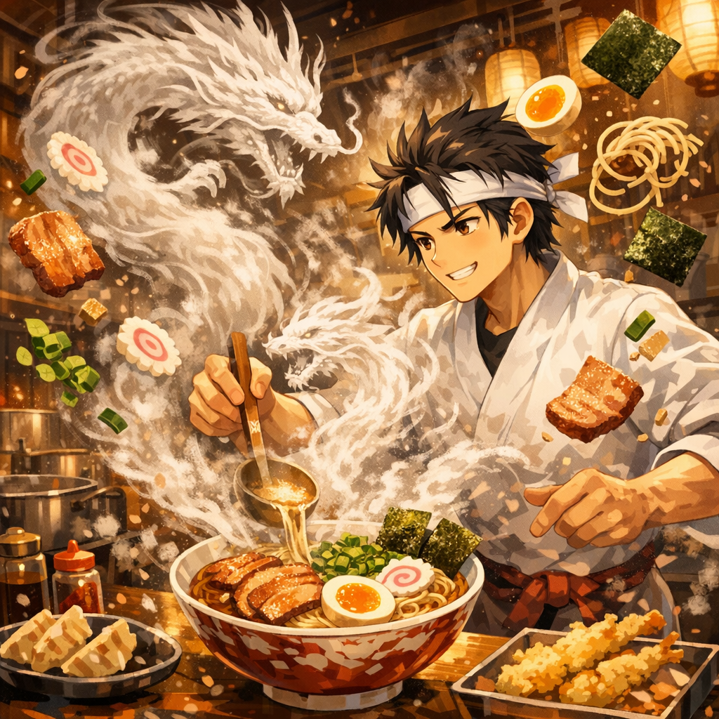 AI generated image using GPT_IMAGE_1_5:  Anime chef cooking ramen, steam rises forming dragon shapes, ingredients floati...