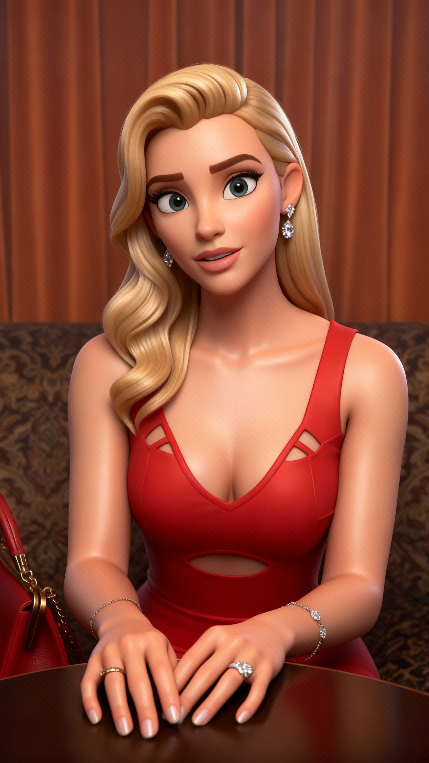 AI generated image using SEEDREAM: photorealistic, close-up shot, Aurora, action, wearing a red dress, sitting at a...