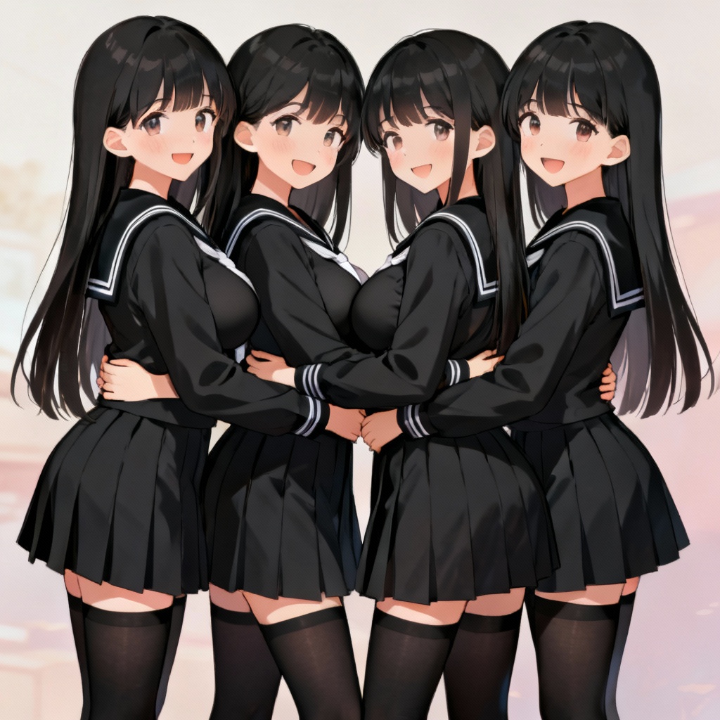 AI generated image using GPT_IMAGE_1_MINI: 4girls, girls, 18 years old, large breasts, long straight black hair, black sail...
