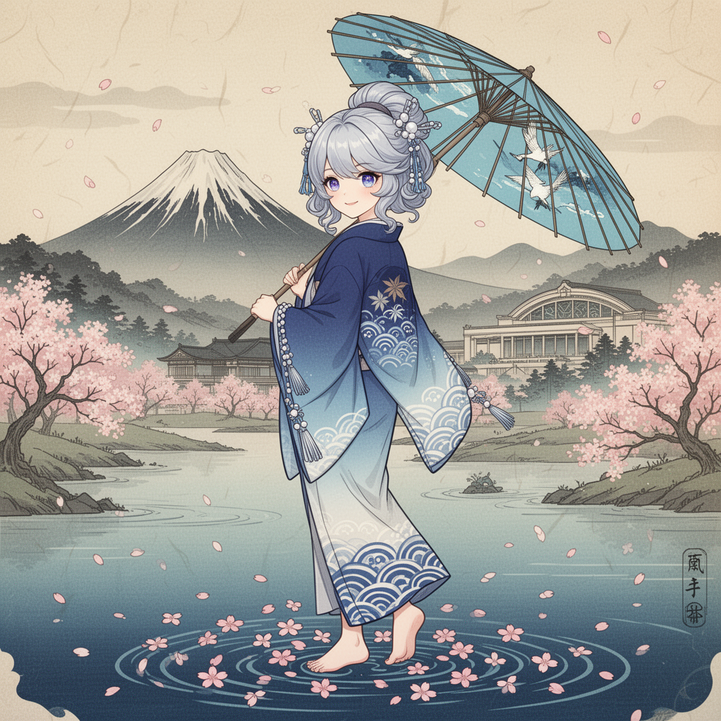 AI generated image using WERYAI_IMAGE_2_0: Furina, the Hydro Archon from Genshin Impact, in the Japanese Ukiyo-e style of K...