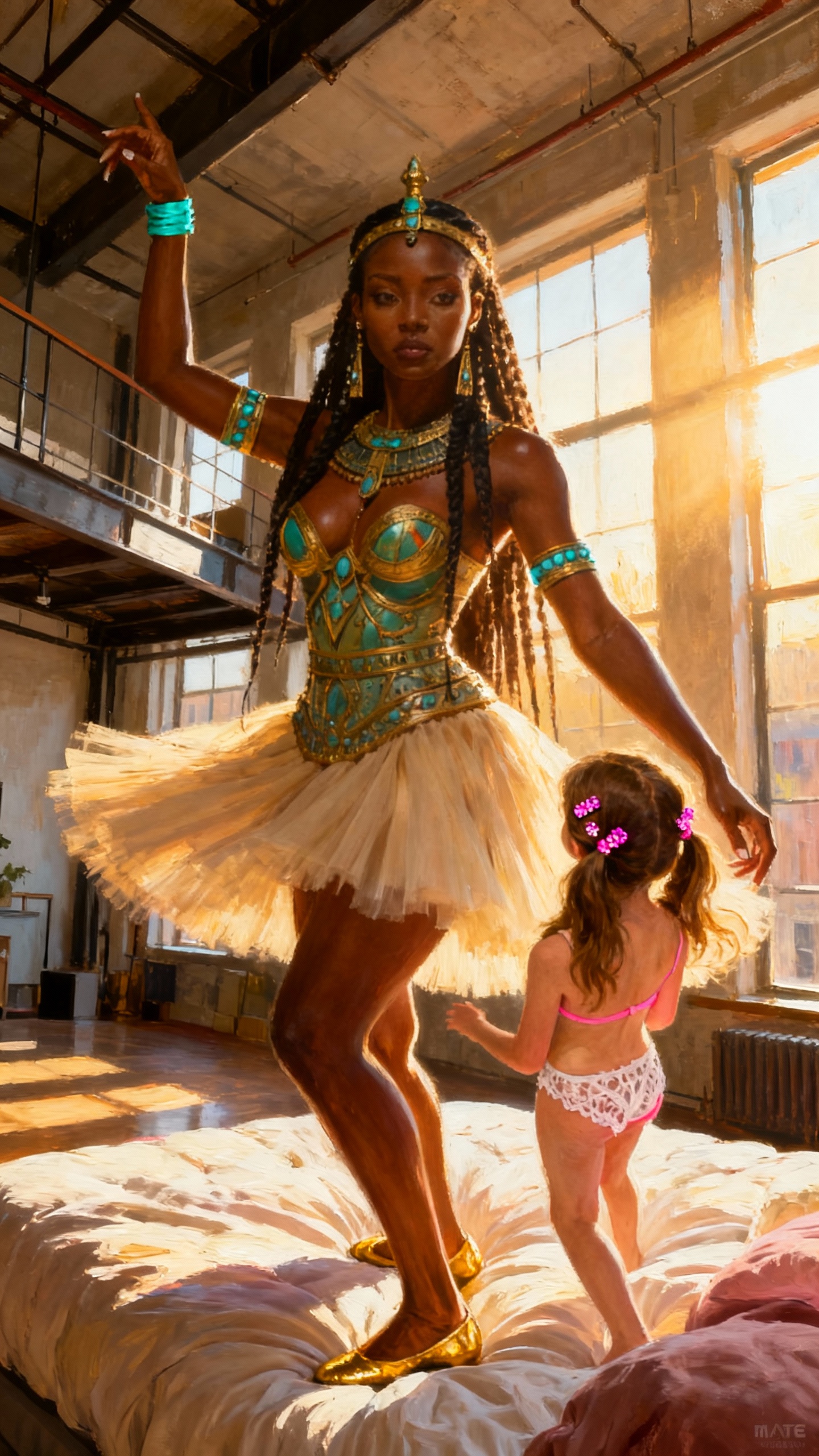 AI generated image using SEEDREAM: oil painting, one dark-skinned woman, low angle shot, bra, tutu, white lace bott...