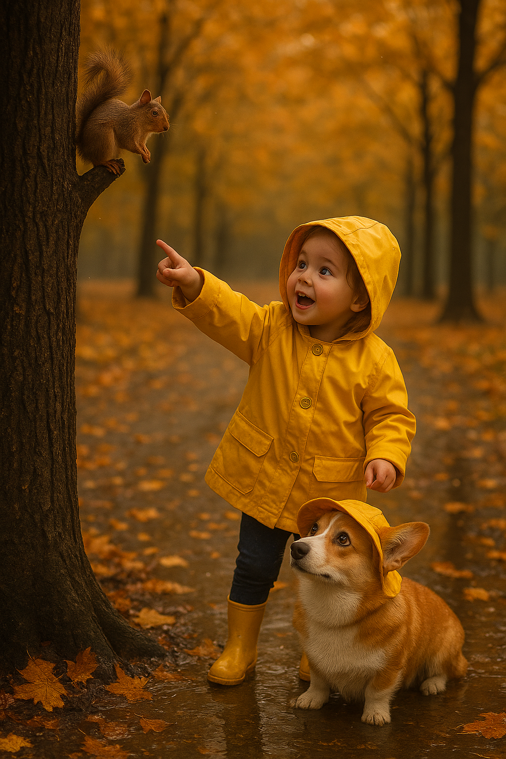 AI generated image using GPT_IMAGE_1_MINI: A little girl in a yellow raincoat points excitedly at a squirrel, while her fai...