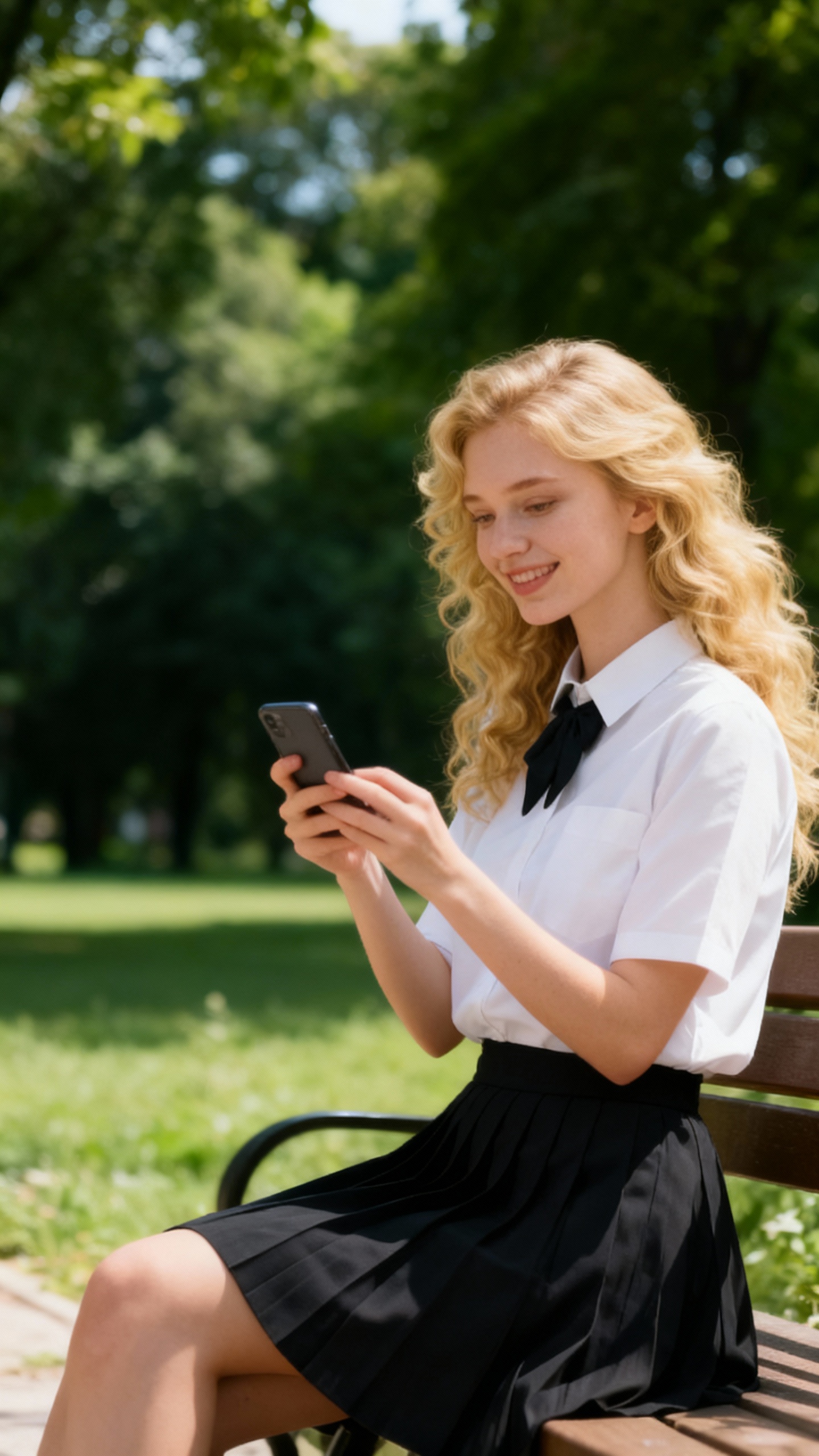 AI generated image using SEEDREAM: photorealistic, medium shot, Wren adjusting her phone, smiling, sitting on a ben...