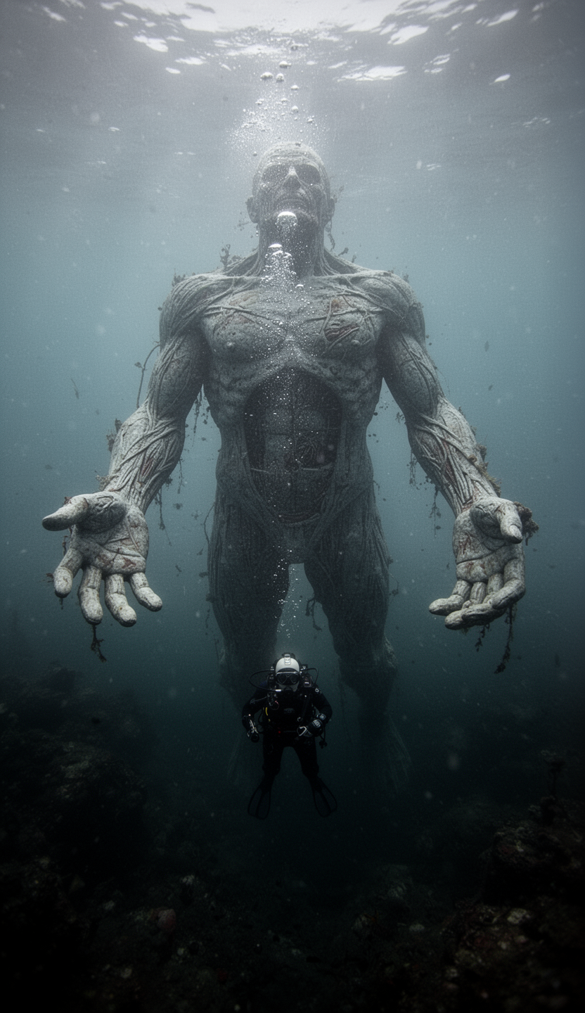 AI generated image using WERYAI_IMAGE_2_0: In the deep sea, a slowly descending diver appears very tiny in the frame; a gia...