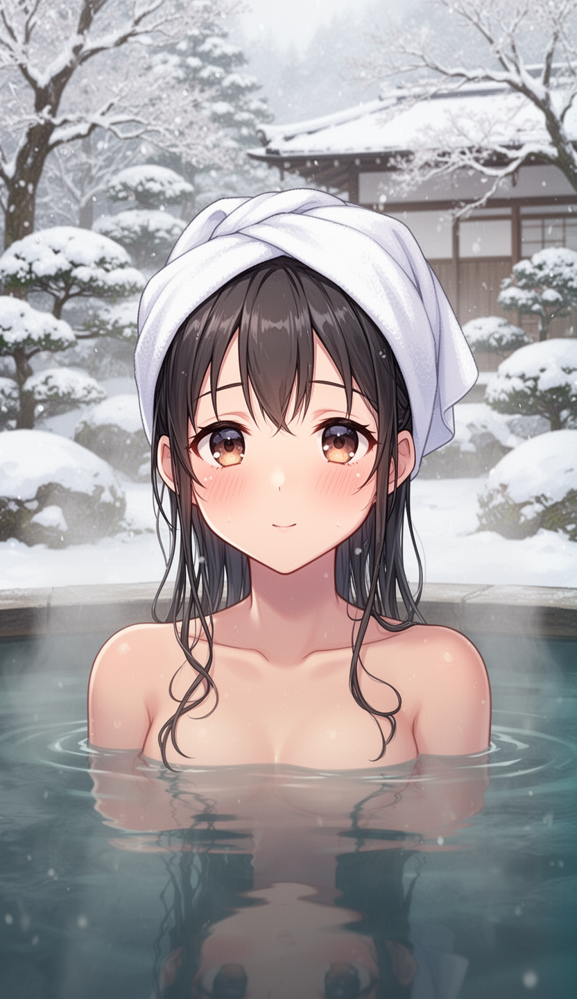 AI generated image using WERYAI_IMAGE_2_0: (masterpiece, best quality), anime girl in outdoor hot spring (onsen). Shoulders...