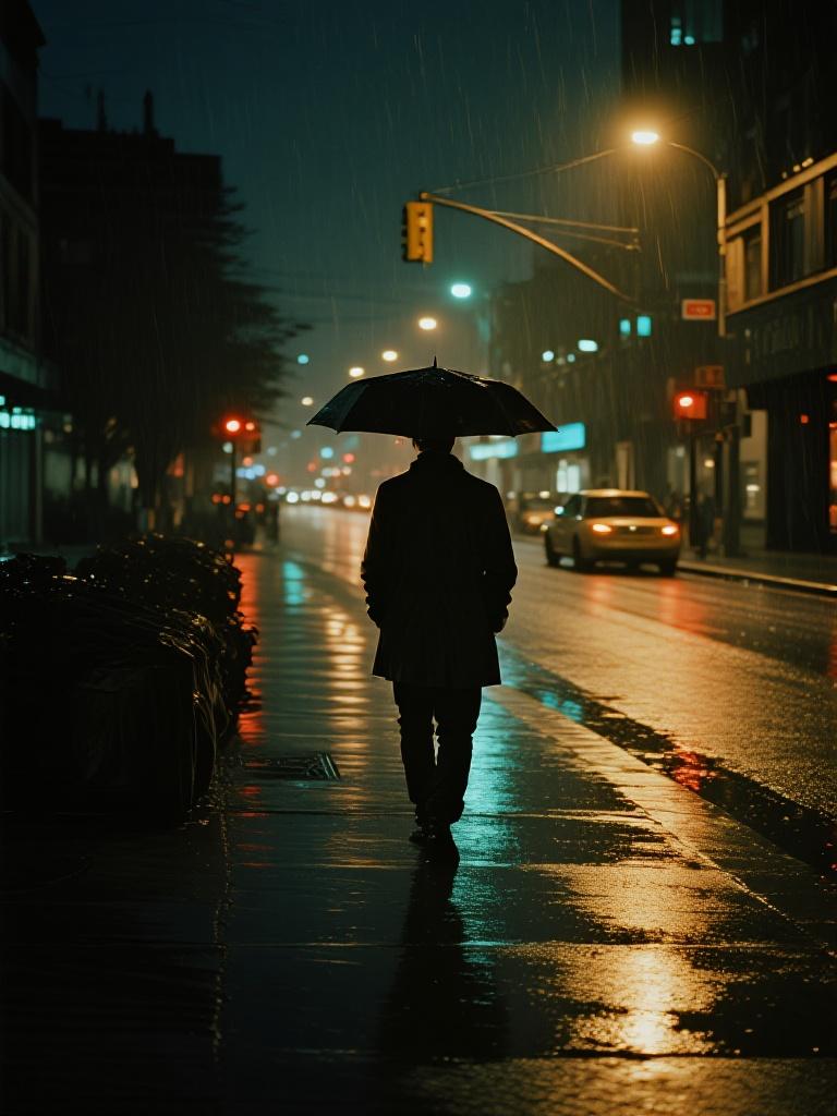 AI generated image using DREAMINA: A realistic cinematic image of a person walking alone on a city street in light ...