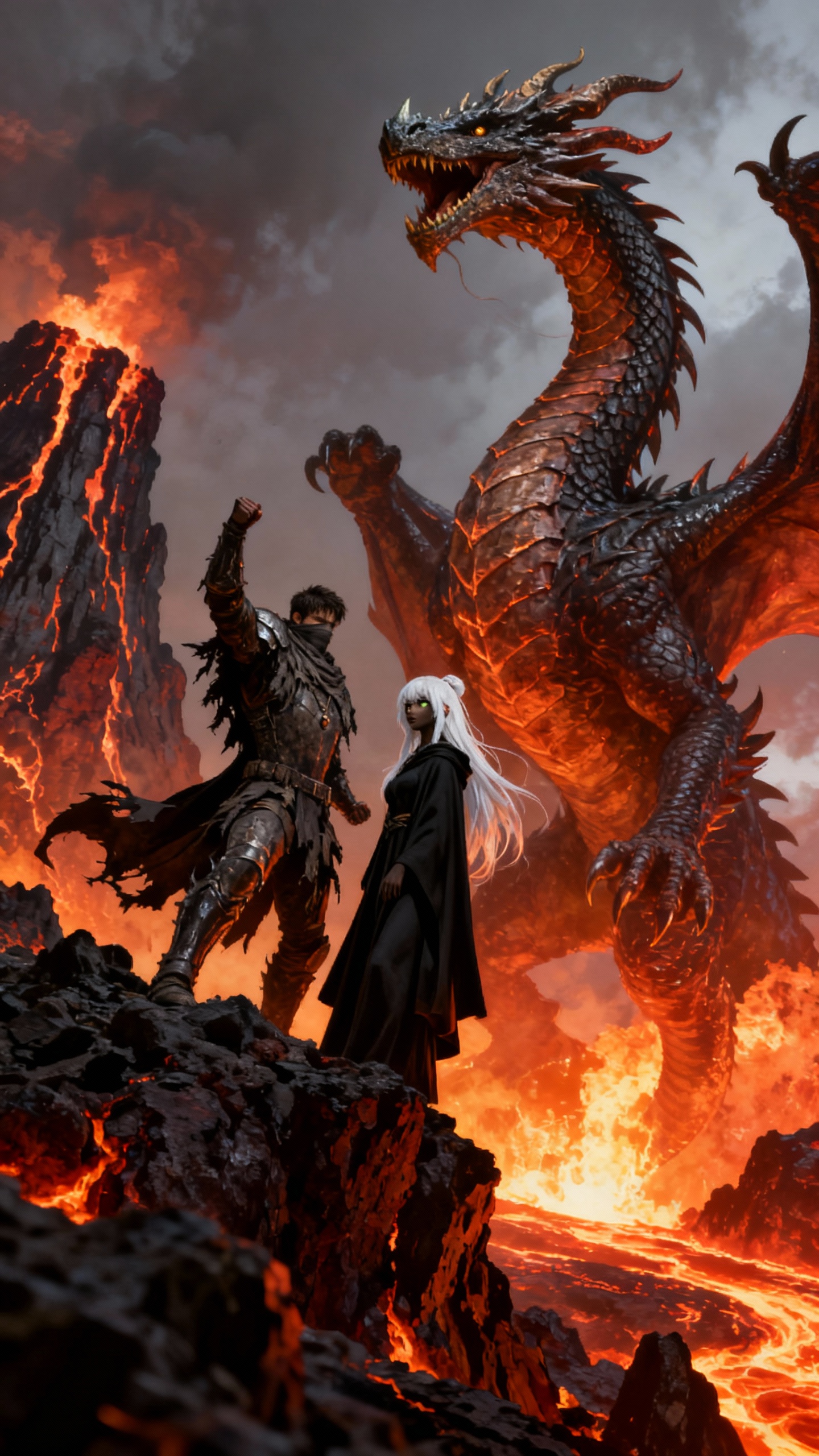 AI generated image using SEEDREAM: digital painting, dark-skinned dragon woman with white hair, man transforming in...