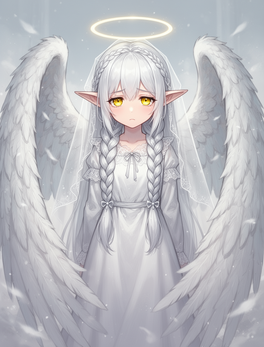 AI generated image using WERYAI_IMAGE_2_0: """
solo, 1 girl, medium shot, pale skin, yellow eyes, white hair, long hair, Fr...