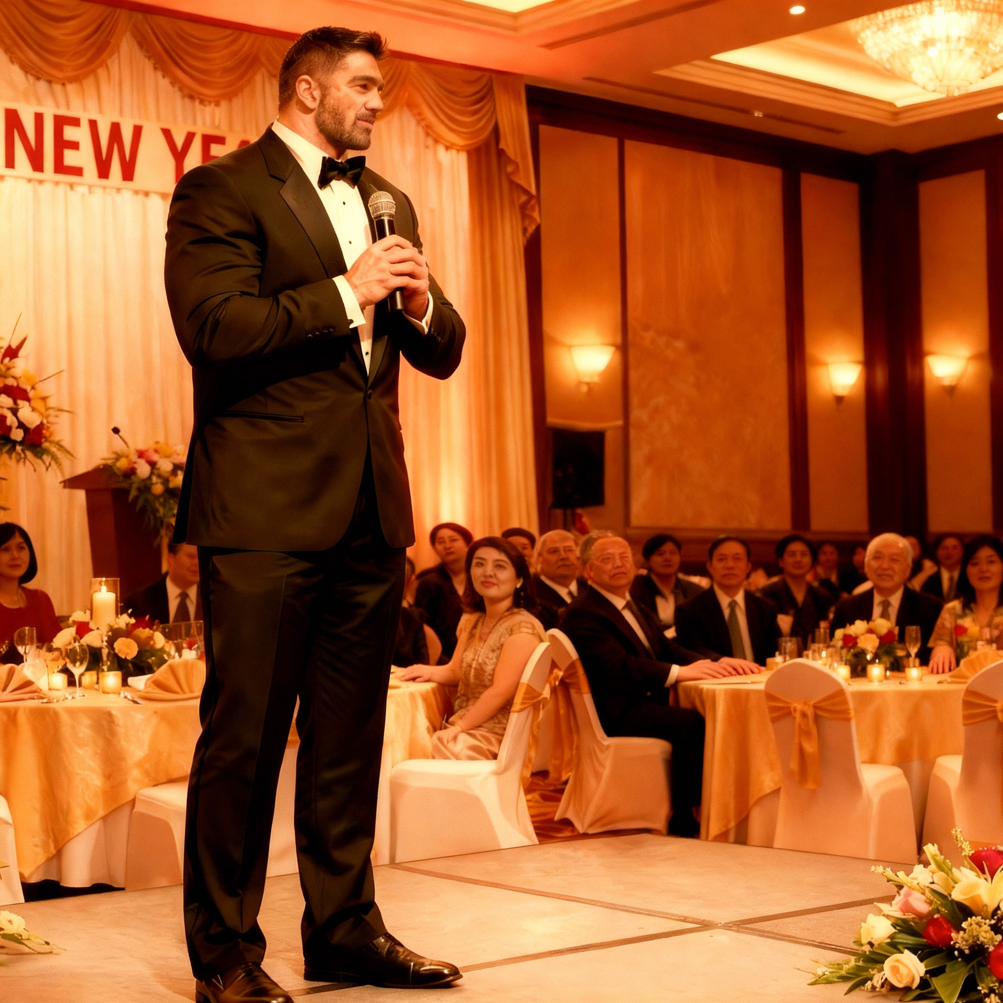 AI generated image using SEEDREAM: The tall man is speaking on stage with a microphone; everyone is looking at him,...