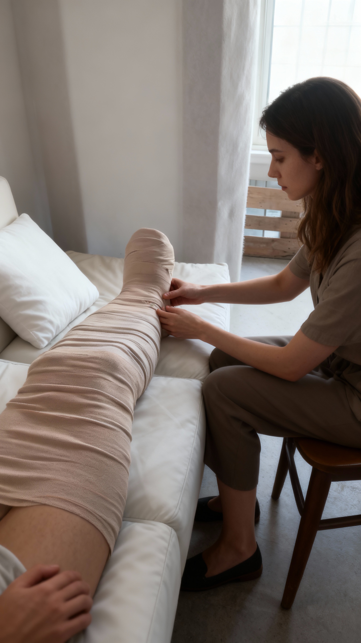 AI generated image using SEEDREAM: photorealistic, full shot, Anna sitting on a chair, tenderly holding Andi's band...