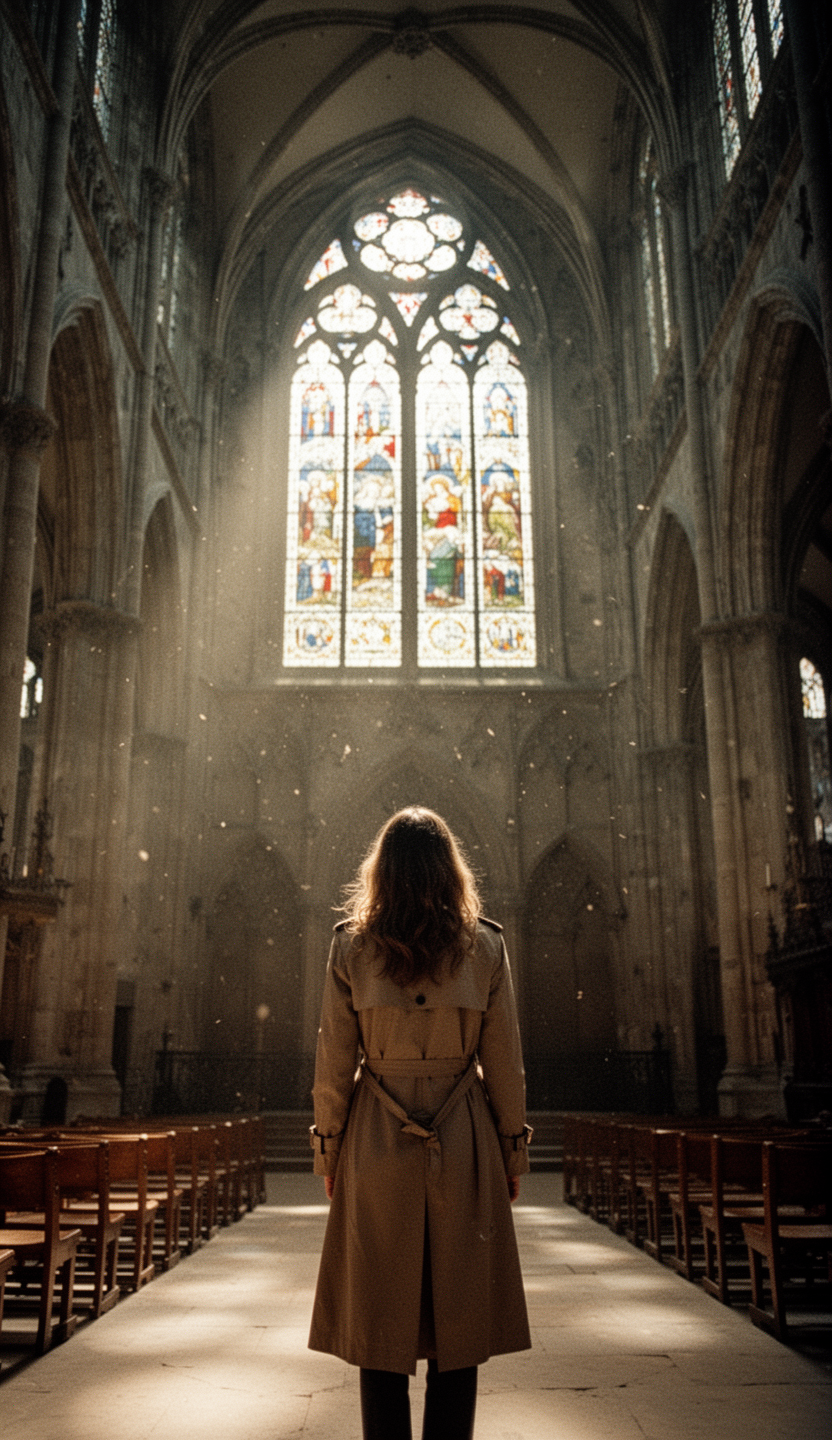 AI generated image using WERYAI_IMAGE_2_0: A cinematic film photograph from behind of a solitary woman in a trench coat sta...