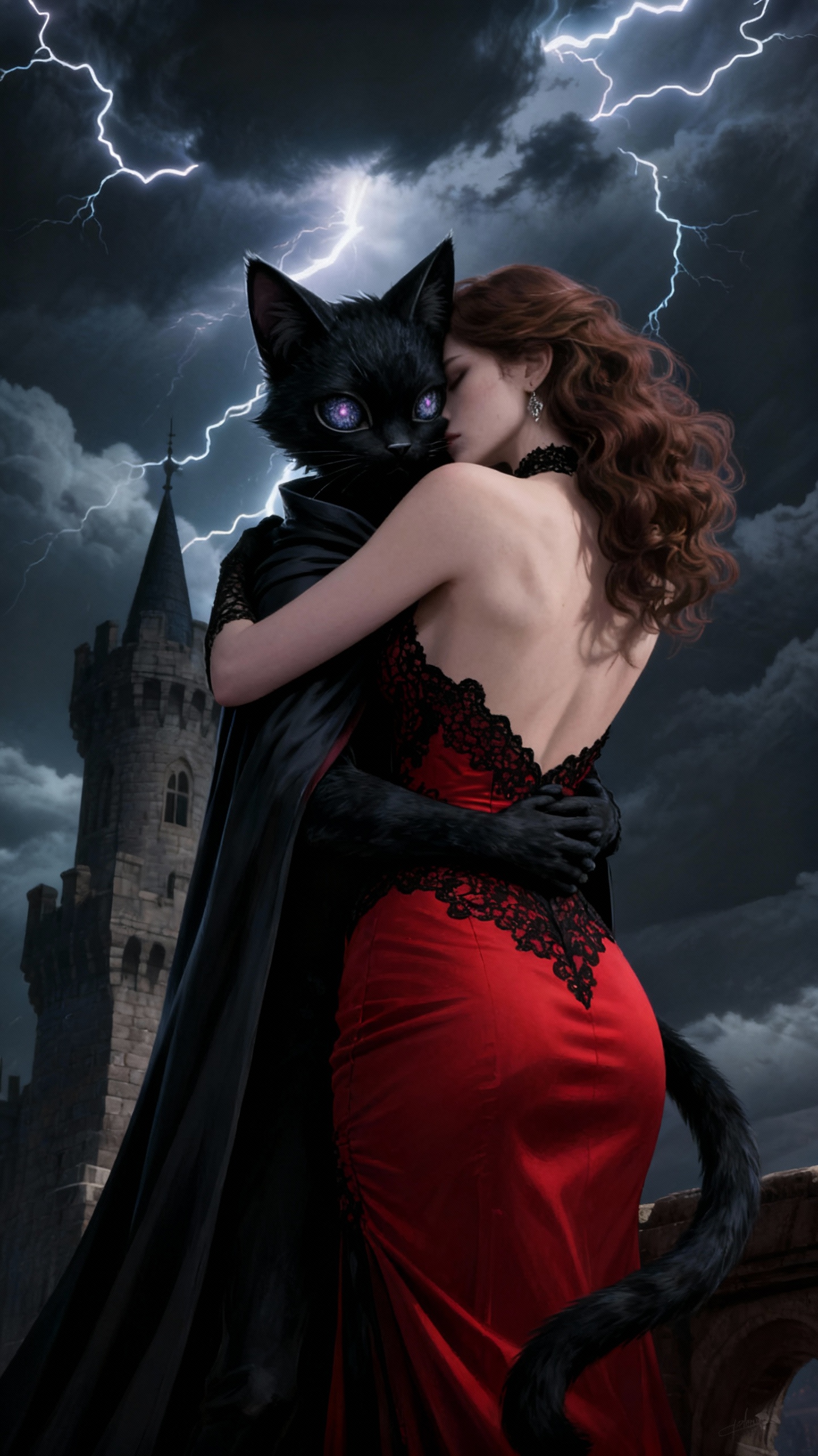 AI generated image using SEEDREAM: digital painting, a cat-like humanoid in a dark cloak, over-the-shoulder shot, p...