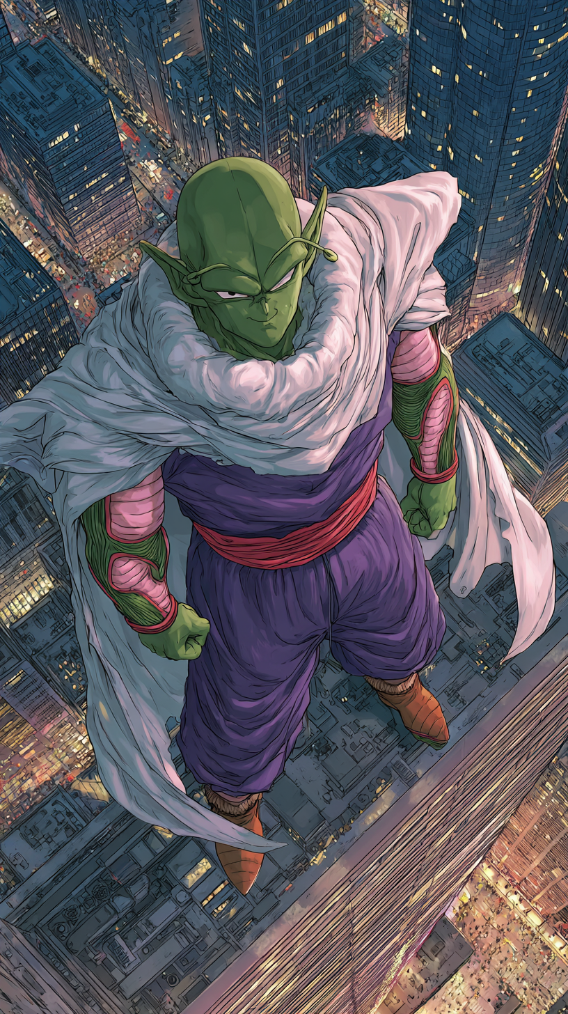 AI generated image using WERYAI_IMAGE_1_0: Piccolo from Dragon Ball Z standing on the edge of a tall city building at dusk,...