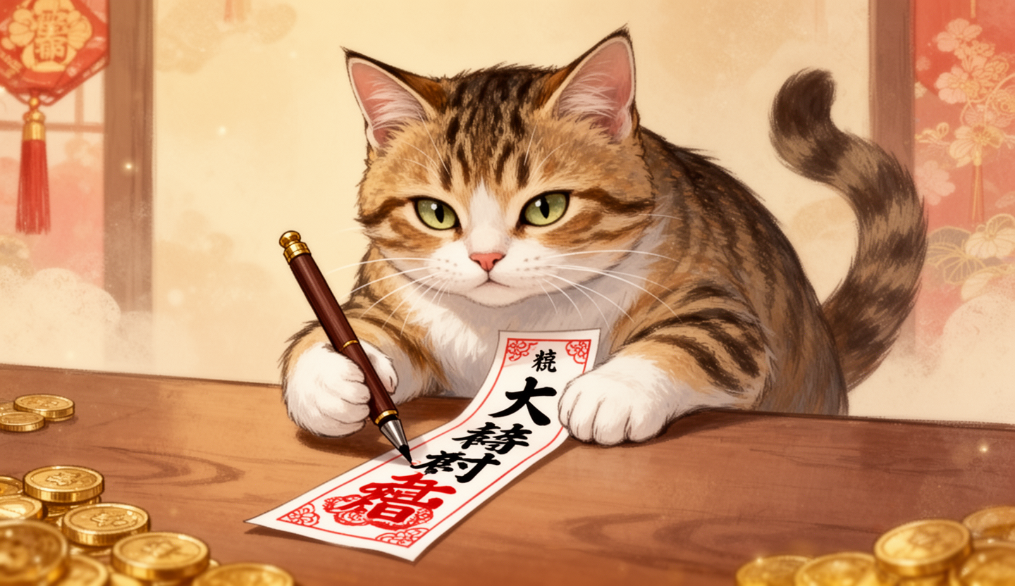 AI generated image using WERYAI_IMAGE_2_0: A cat drawing a fortune slip and getting  Daikichi  (Great Blessing)