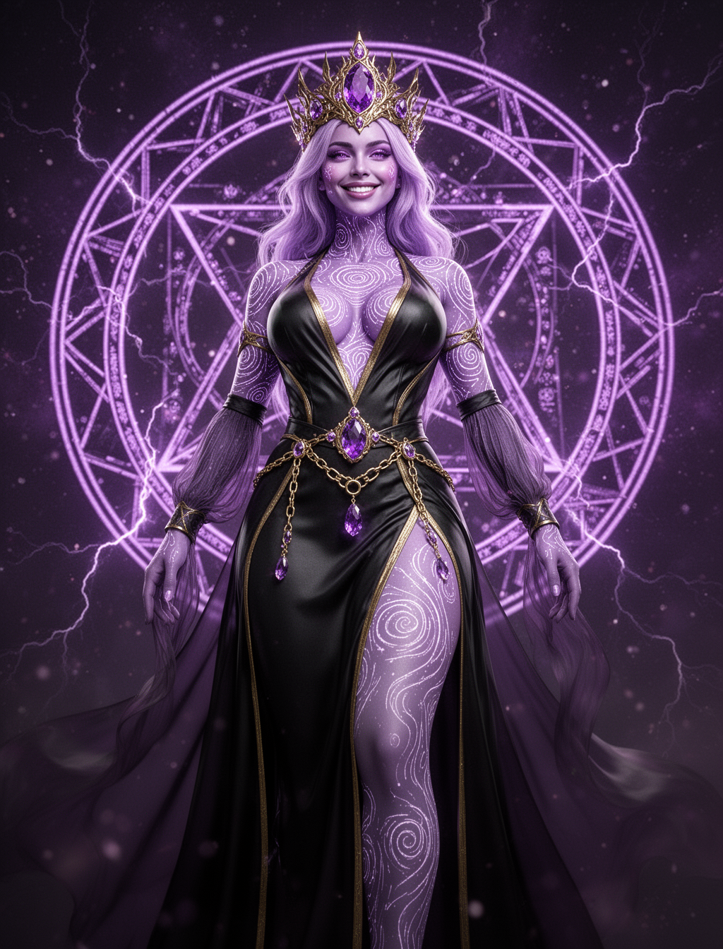 AI generated image using WERYAI_IMAGE_2_0: Subject: An alluring purple-skinned goddess with glowing lavender eyes and a con...