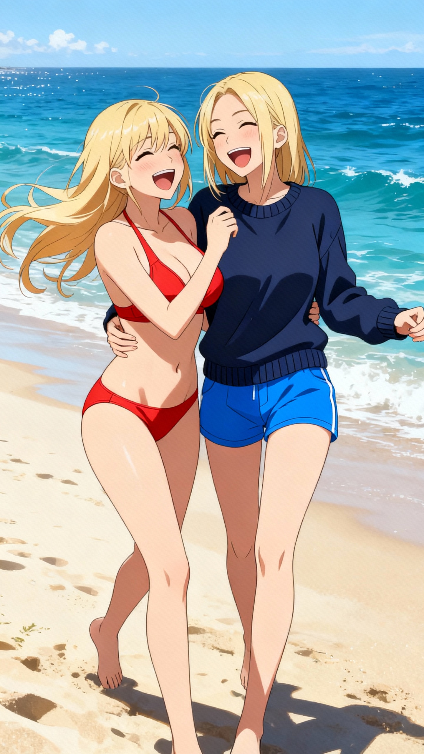 AI generated image using SEEDREAM: anime style, two blonde women, wide shot, candid smile, bikini top, navy sweater...