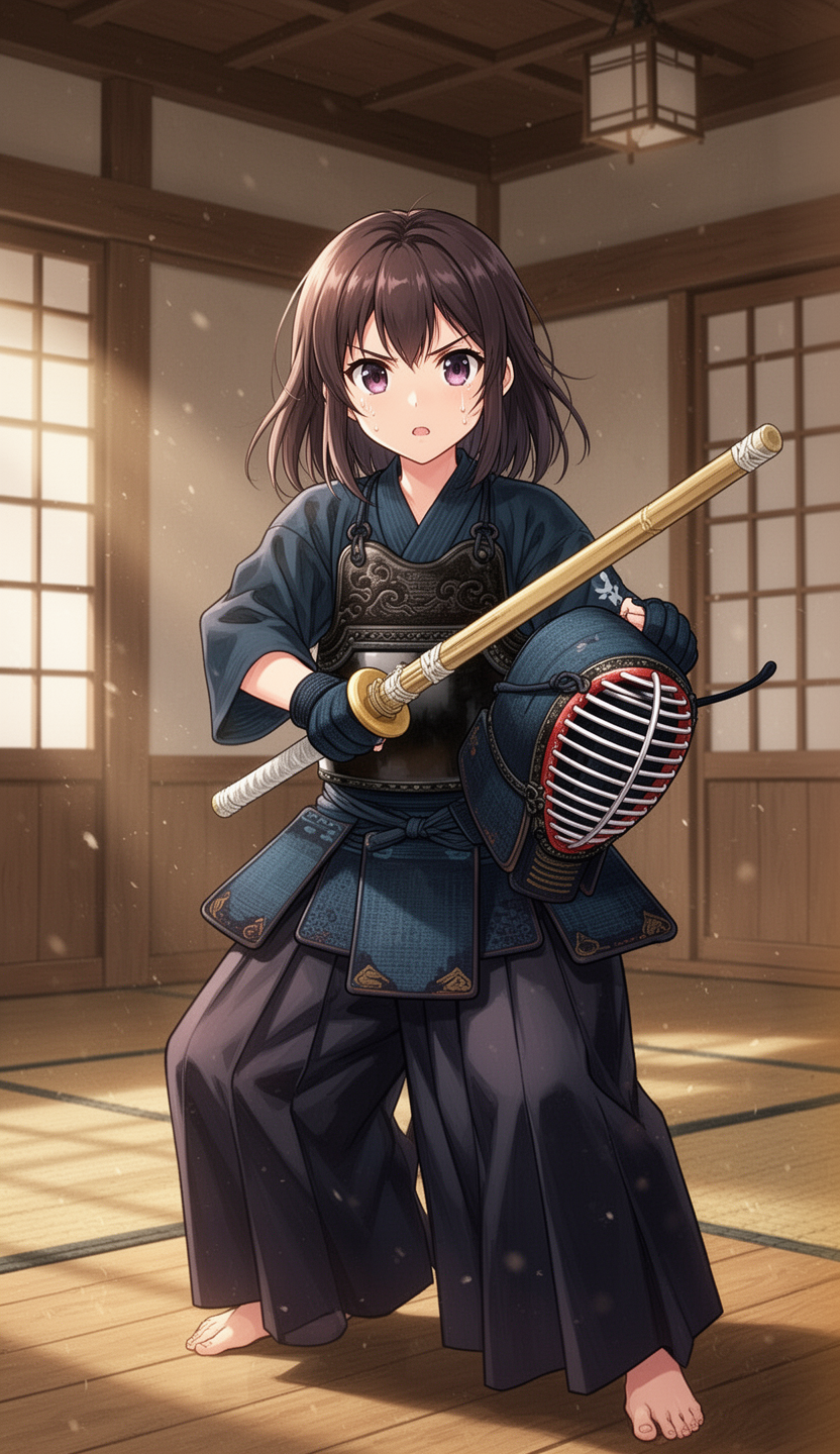 AI generated image using WERYAI_IMAGE_2_0: (masterpiece, best quality), sports anime style. A girl practicing Kendo. Wearin...