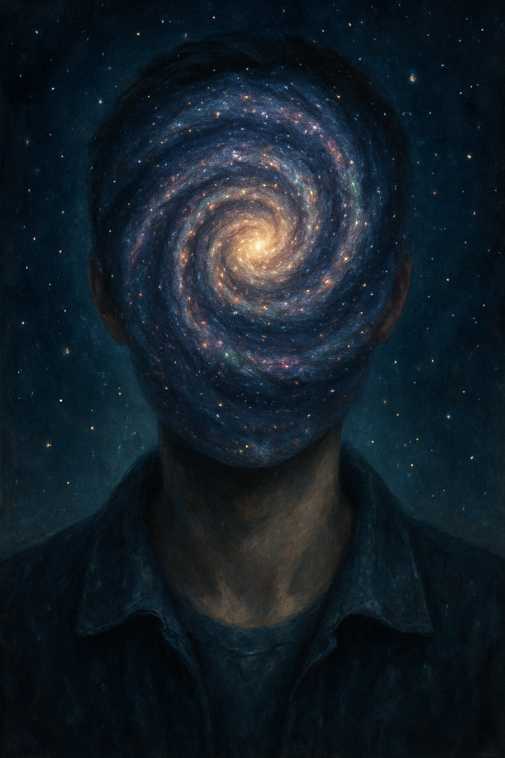 AI generated image using GPT_IMAGE_1_MINI: A surreal portrait of a person whose face is a slowly rotating, beautiful spiral...