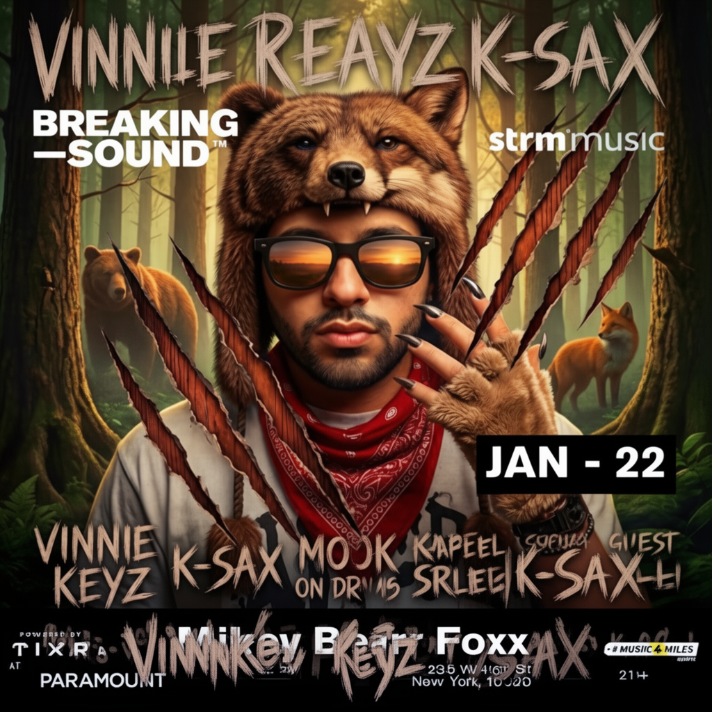 AI generated image using WERYAI_IMAGE_2_0: Can you make the JAN - 22 text match the font of Vinnie Keyz K-Sax...?  Can you ...