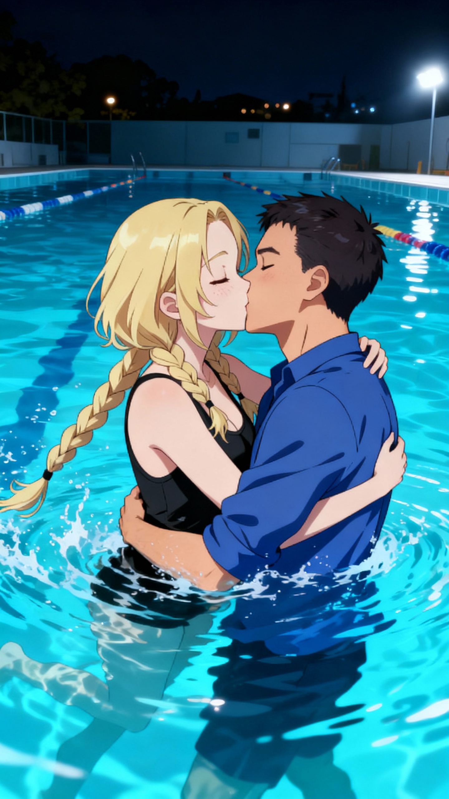 AI generated image using SEEDREAM: Anime art style, blond hair woman, over-the-shoulder shot, deep underwater kiss,...