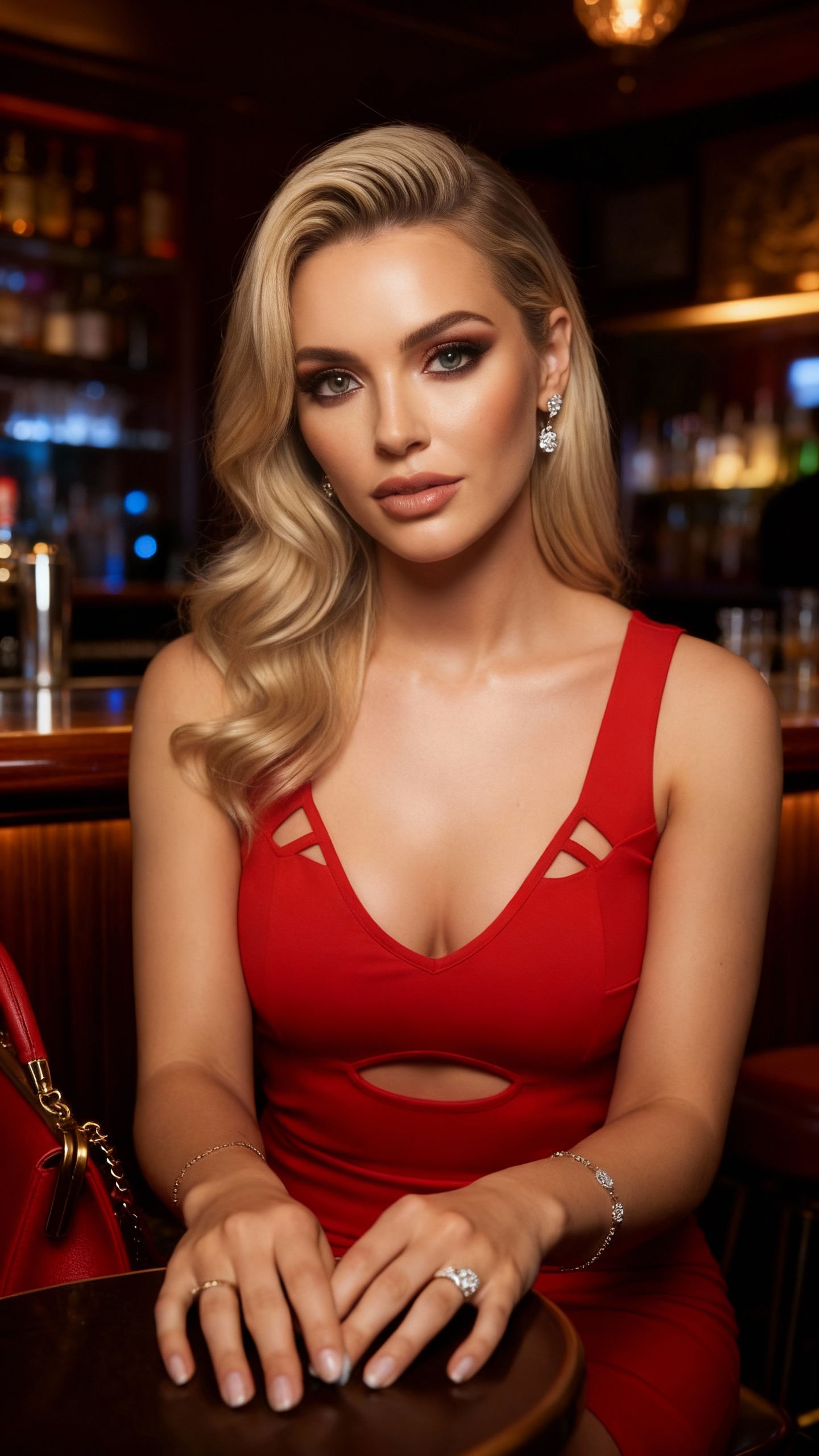 AI generated image using SEEDREAM: photorealistic, medium shot, woman with glamorous makeup and blonde hair, wearin...