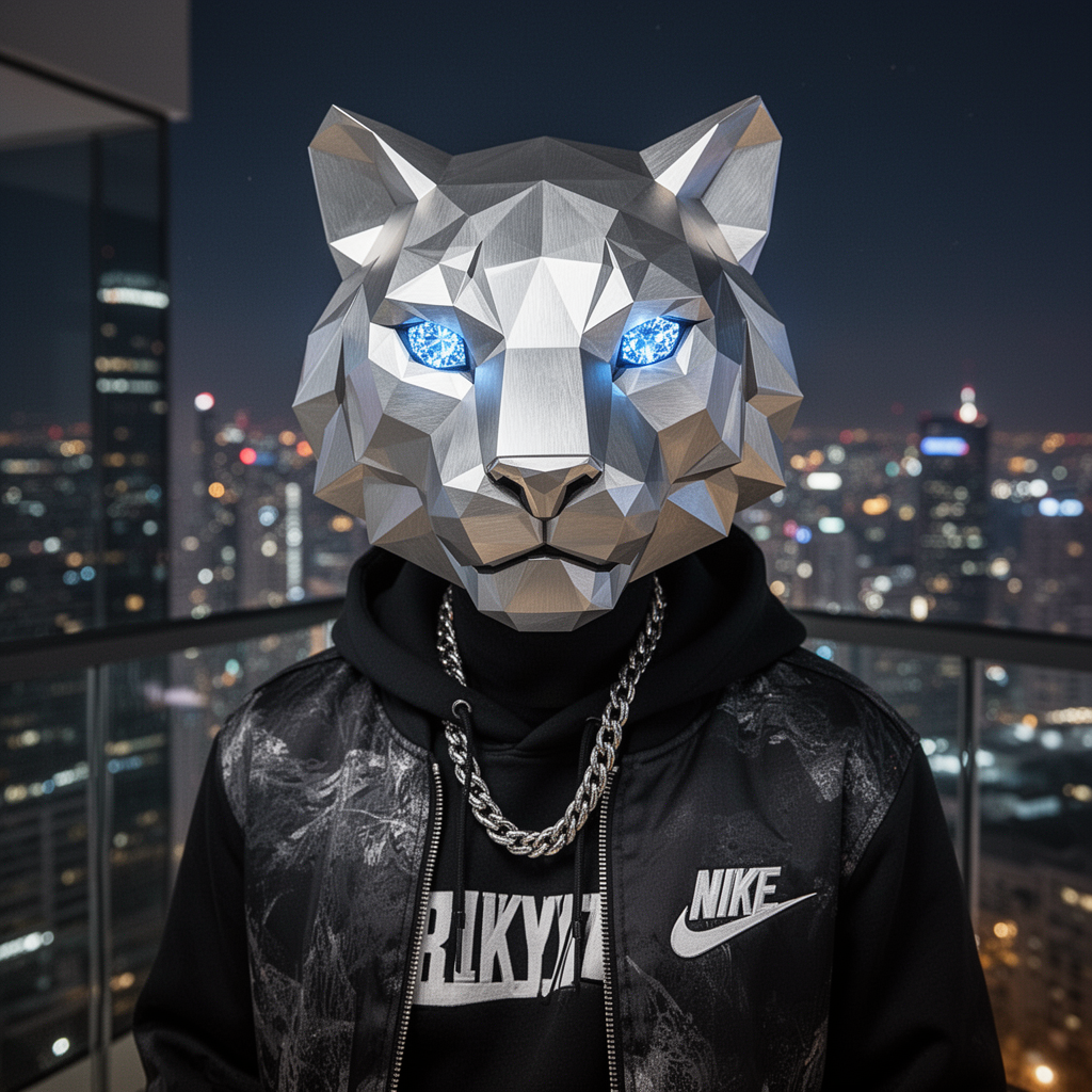 AI generated image using WERYAI_IMAGE_2_0: A low-poly tiger mask made of brushed platinum and white gold, frosted metal tex...
