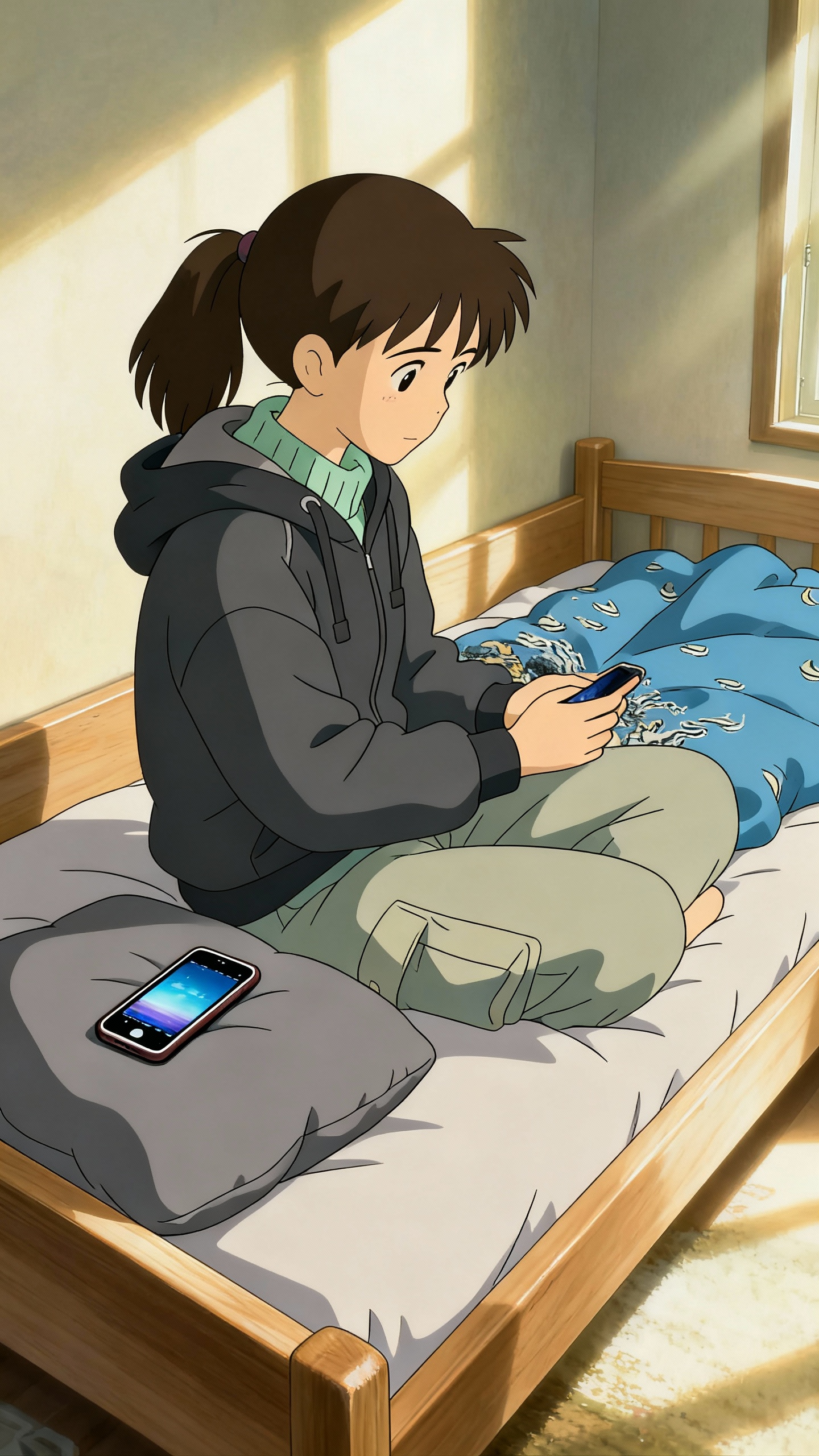 AI generated image using SEEDREAM: Studio Ghibli, the young woman with a ponytail, sitting on a bed, holding a smar...