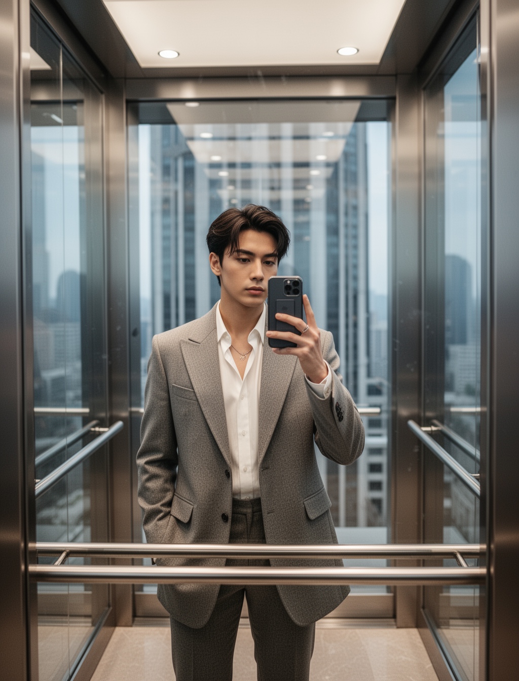 AI generated image using WERYAI_IMAGE_2_0: A modern ultra-realistic 4K HD portrait of a stylish person taking a mirror self...