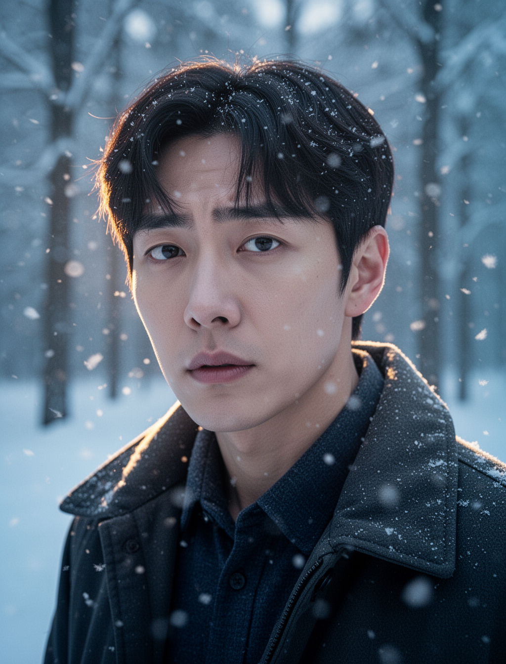 AI generated image using WERYAI_IMAGE_2_0: Cinematic K-Drama winter portrait, soft falling snow, emotional close-up shot, n...