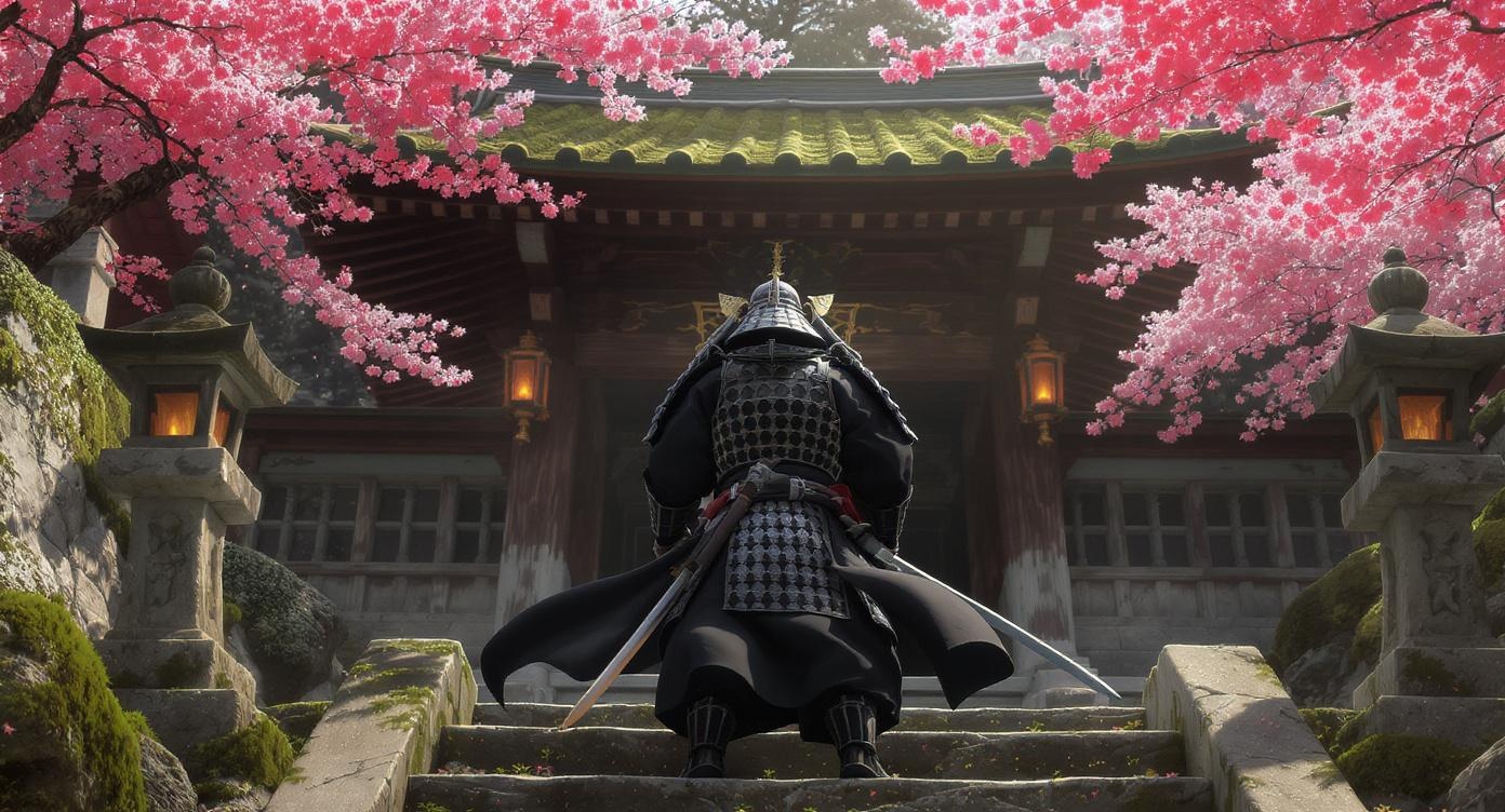 AI generated image using FLUX: A 3D animation scene of a Japanese samurai dressed in exquisite traditional bush...