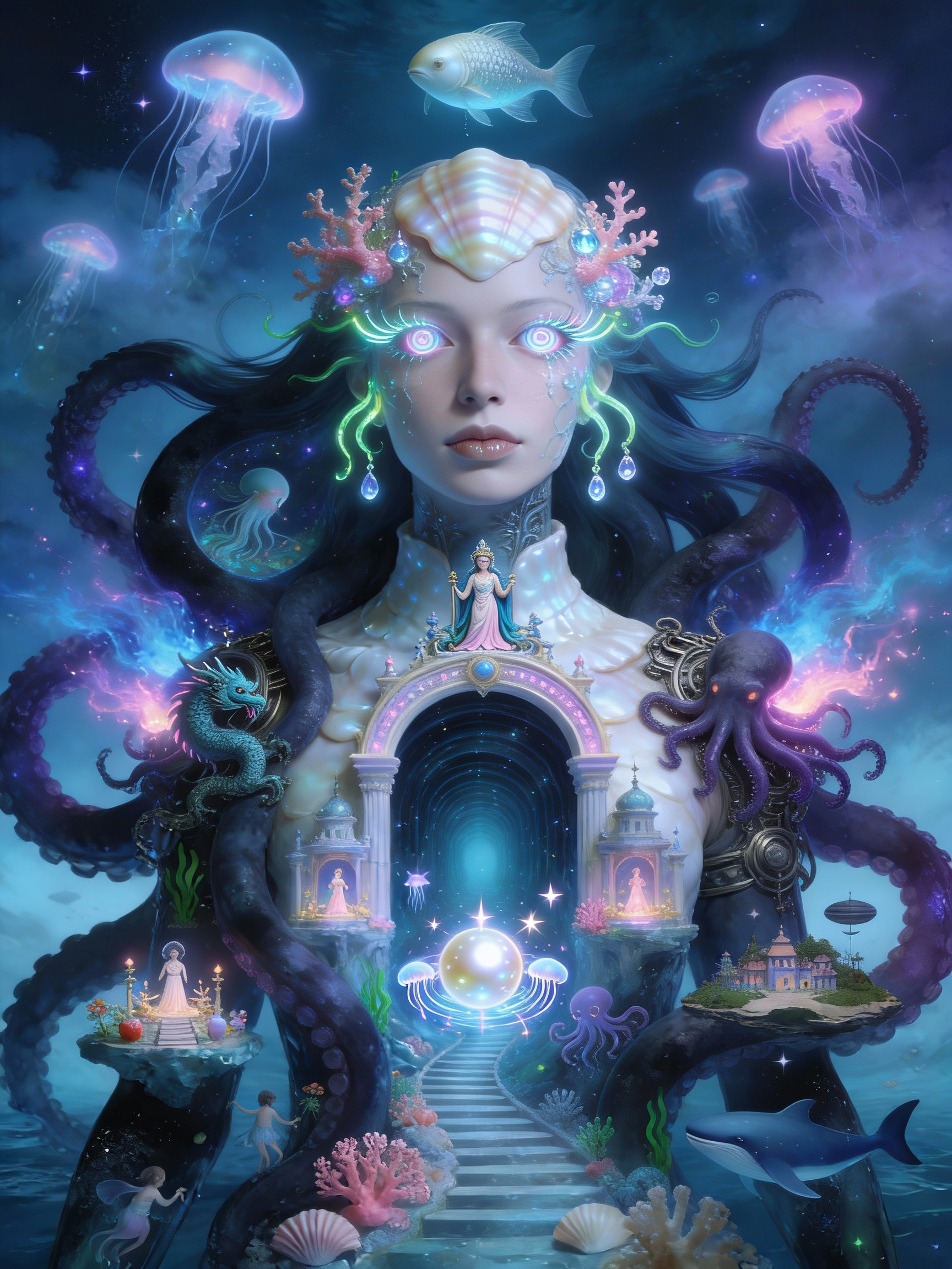 AI generated image using SEEDREAM_4_5: The character’s body is made of gigantic octopus tentacles, the tentacles extend...