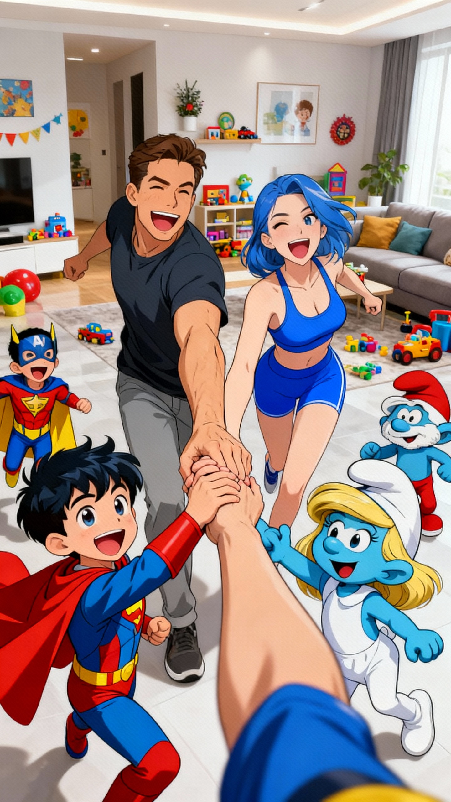 AI generated image using SEEDREAM: Anime style, a man, a woman, a little boy in a superhero outfit, a little girl i...