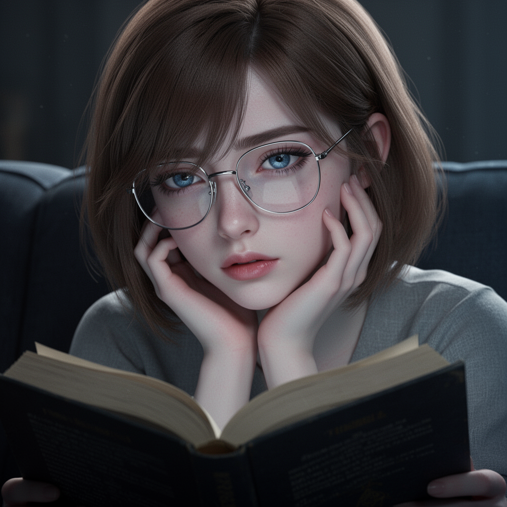 AI generated image using WERYAI_IMAGE_2_0: The cool-toned fair-skinned beauty Ai Haibara wears large silver-wire frame glas...