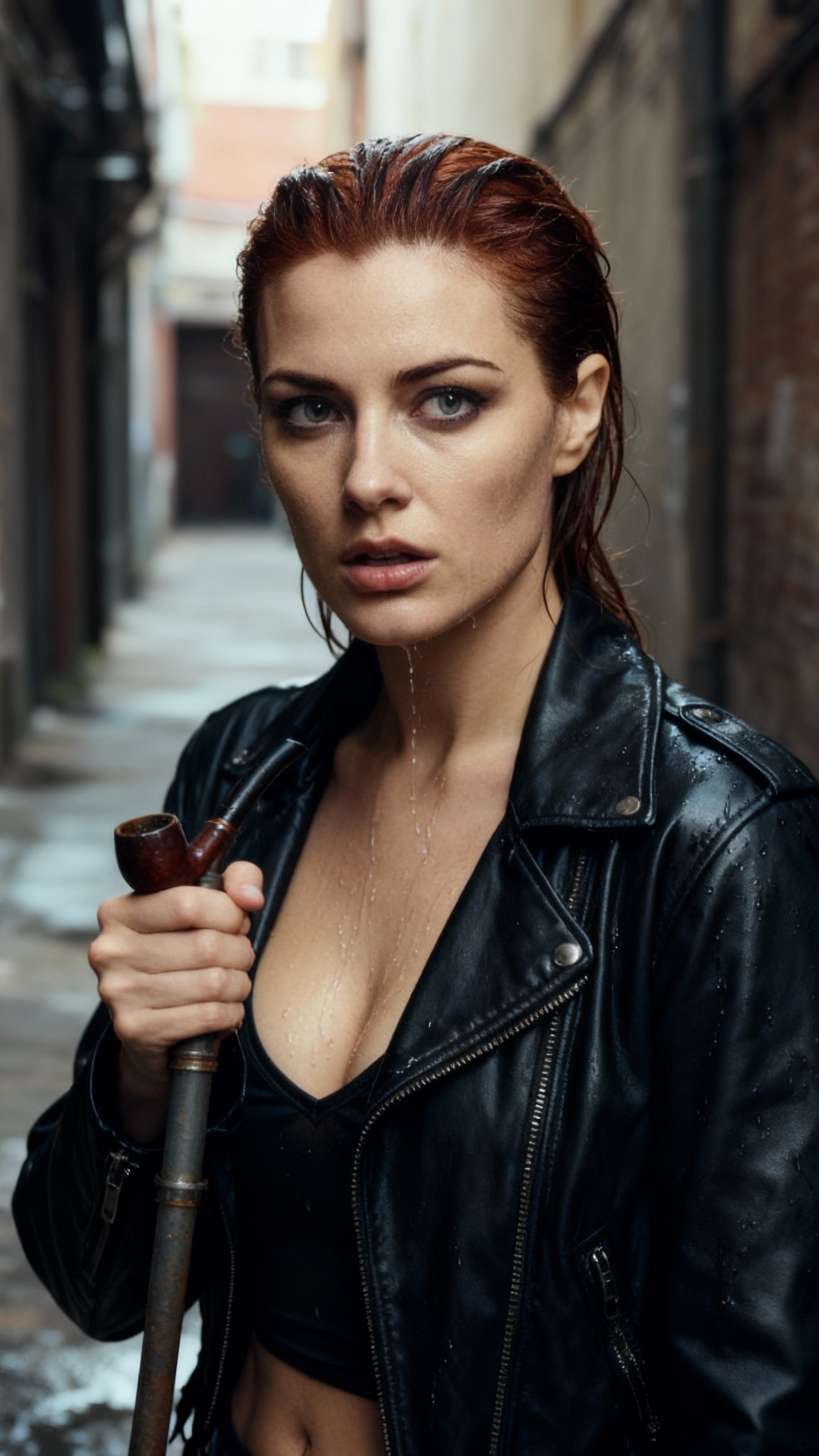 AI generated image using SEEDREAM: photorealistic, medium shot, Maxine, slowly stood in an alleyway, the pipe still...