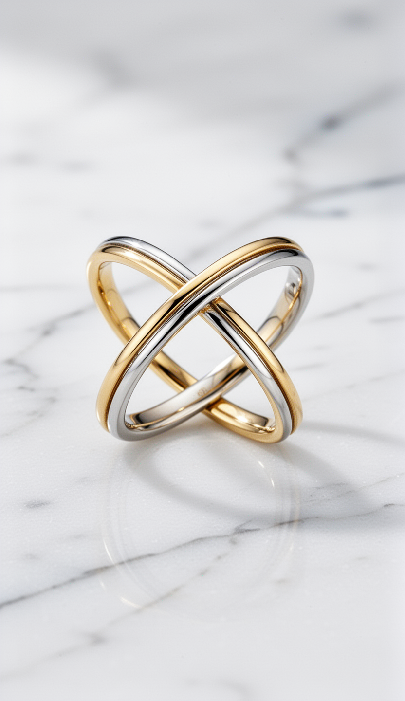AI generated image using WERYAI_IMAGE_2_0: minimalist interlocking ring, K18 yellow gold and white gold bicolor, two delica...