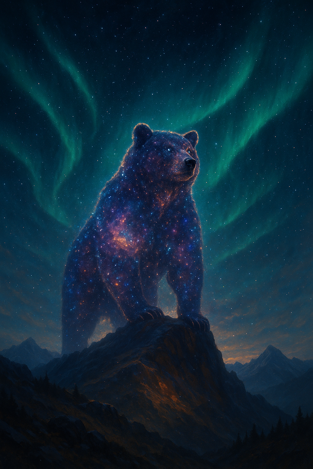 AI generated image using GPT_IMAGE_1_MINI: A majestic grizzly bear made entirely of glowing galaxies and nebulae, standing ...
