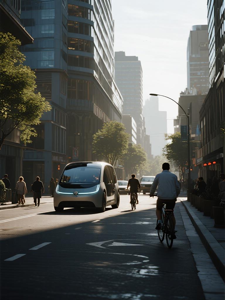 AI generated image using DREAMINA: A realistic futuristic city street with people commuting using sleek electric bi...
