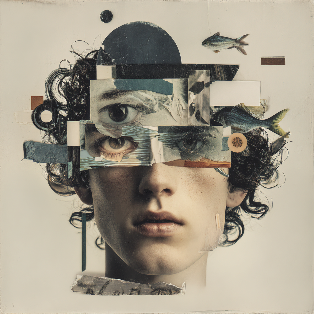 AI generated image using WERYAI_IMAGE_1_0: surreal mixed media collage artwork, symbolic figure, not a real person, face as...