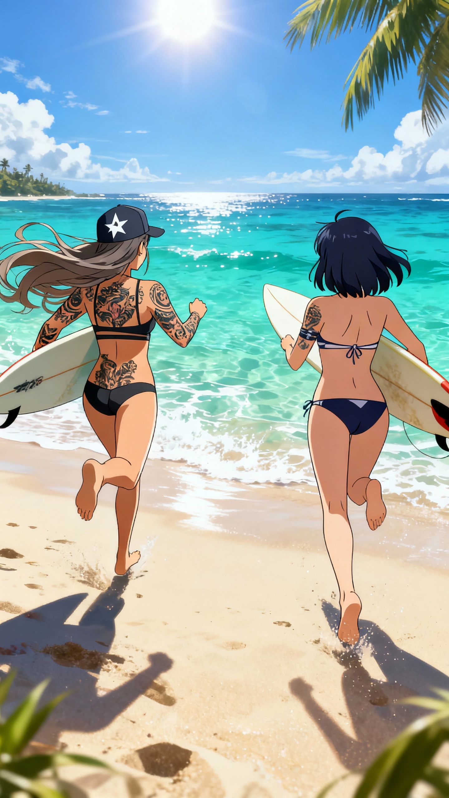 AI generated image using SEEDREAM: anime art style, a woman and a tattooed surfer girl, wide angle shot, running to...
