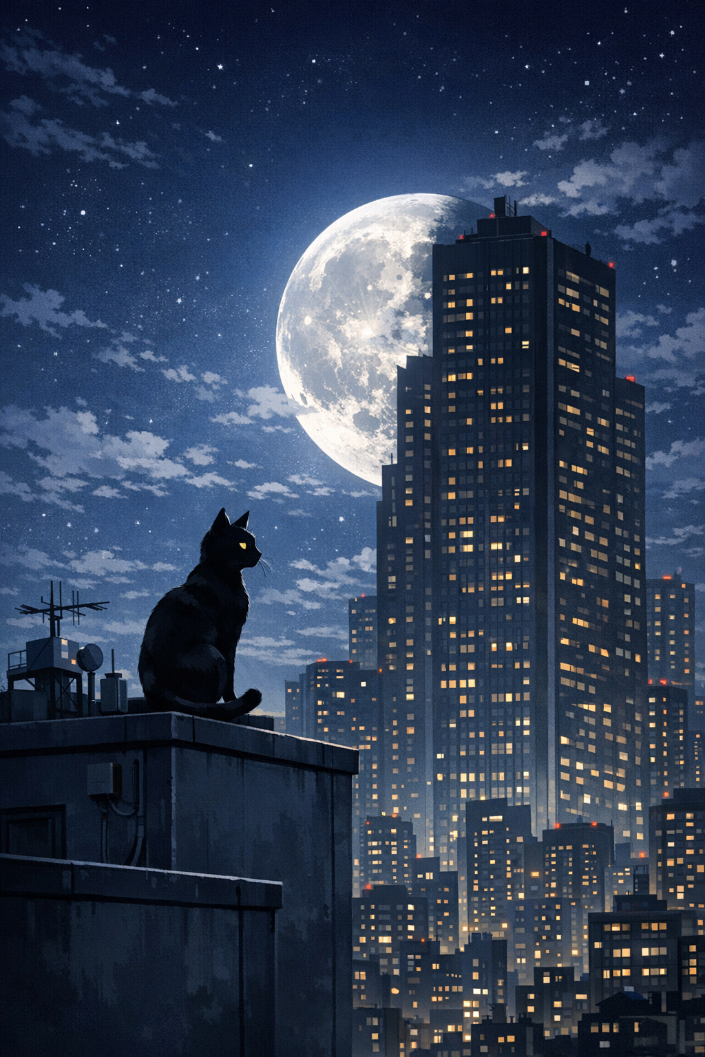 AI generated image using GPT_IMAGE_1_5: Anime style, the moon hangs high in the night sky with one-third of it hidden be...
