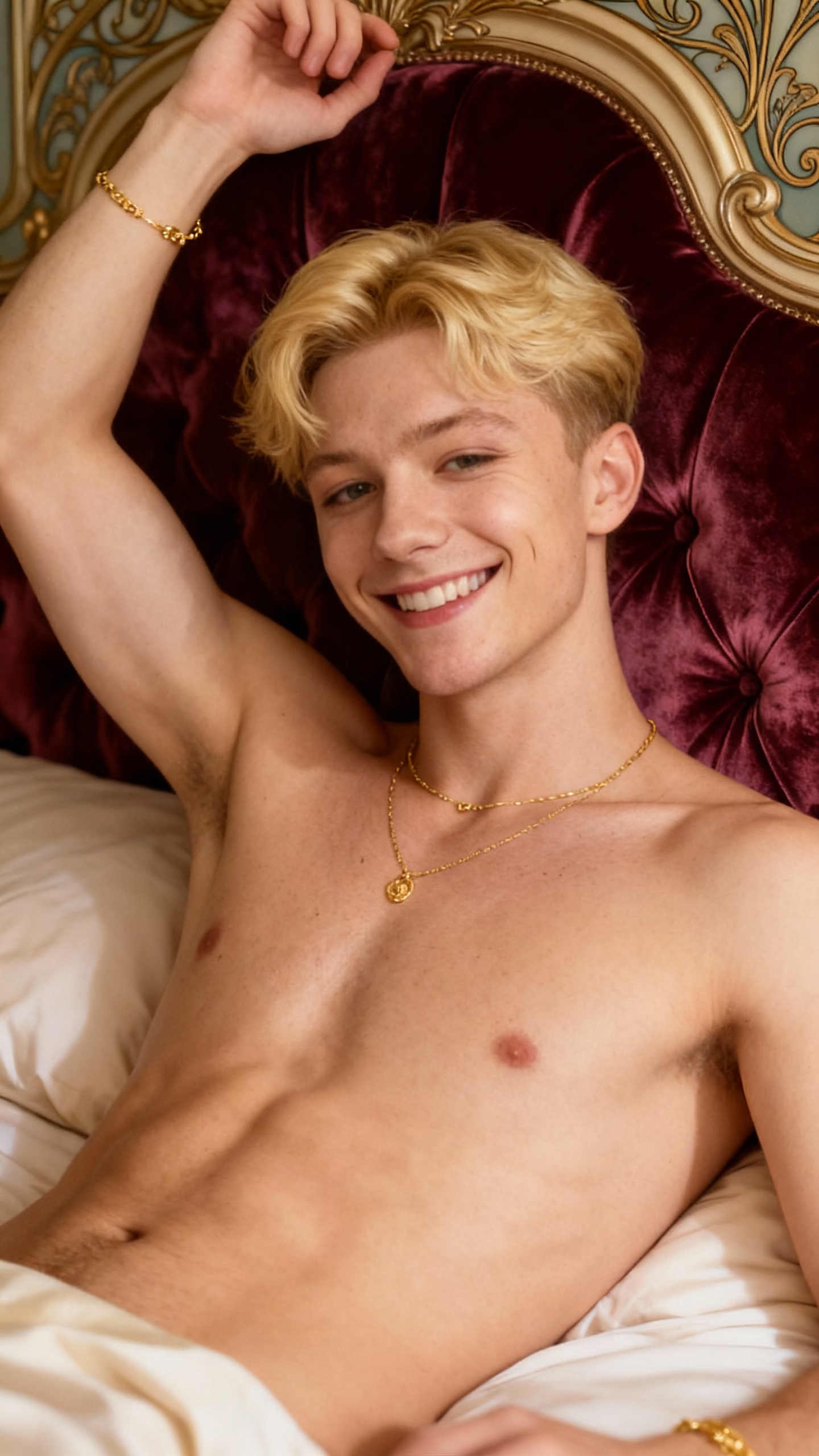 AI generated image using SEEDREAM: art nouveau, young man, blonde Rumi, medium shot, candid smile, arm suggestively...