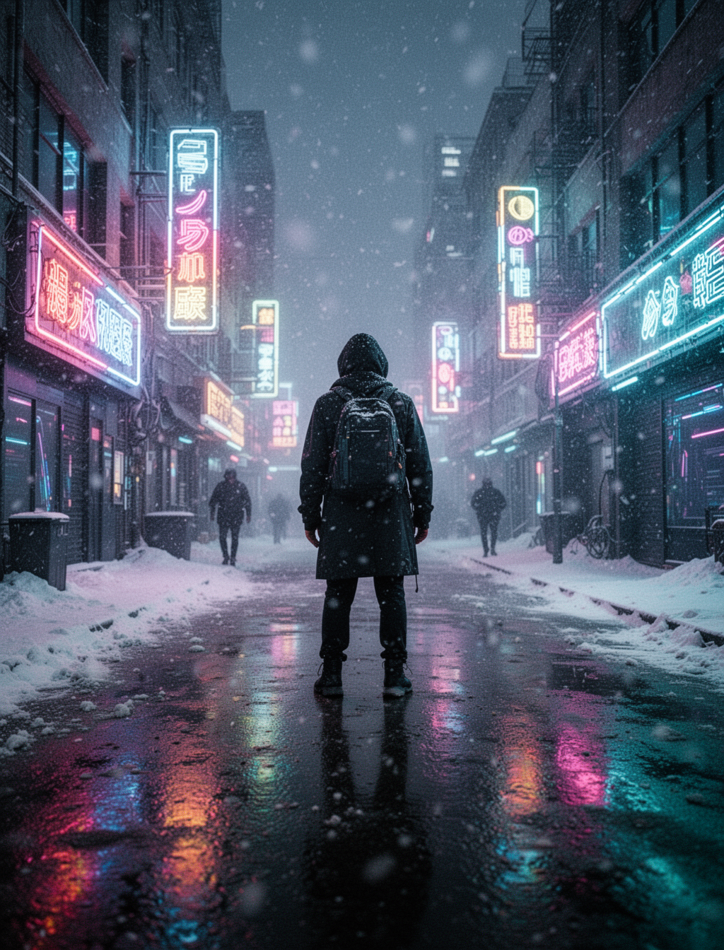 AI generated image using WERYAI_IMAGE_2_0: Urban snowfall portrait, neon lights reflected on wet ground, cyberpunk color sc...