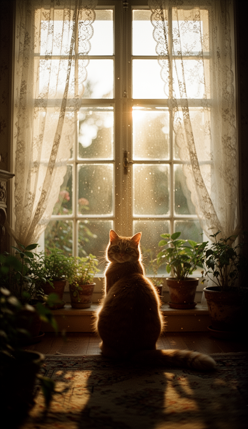 AI generated image using WERYAI_IMAGE_2_0: a ginger cat sitting by a large french window, soft golden morning sunlight stre...