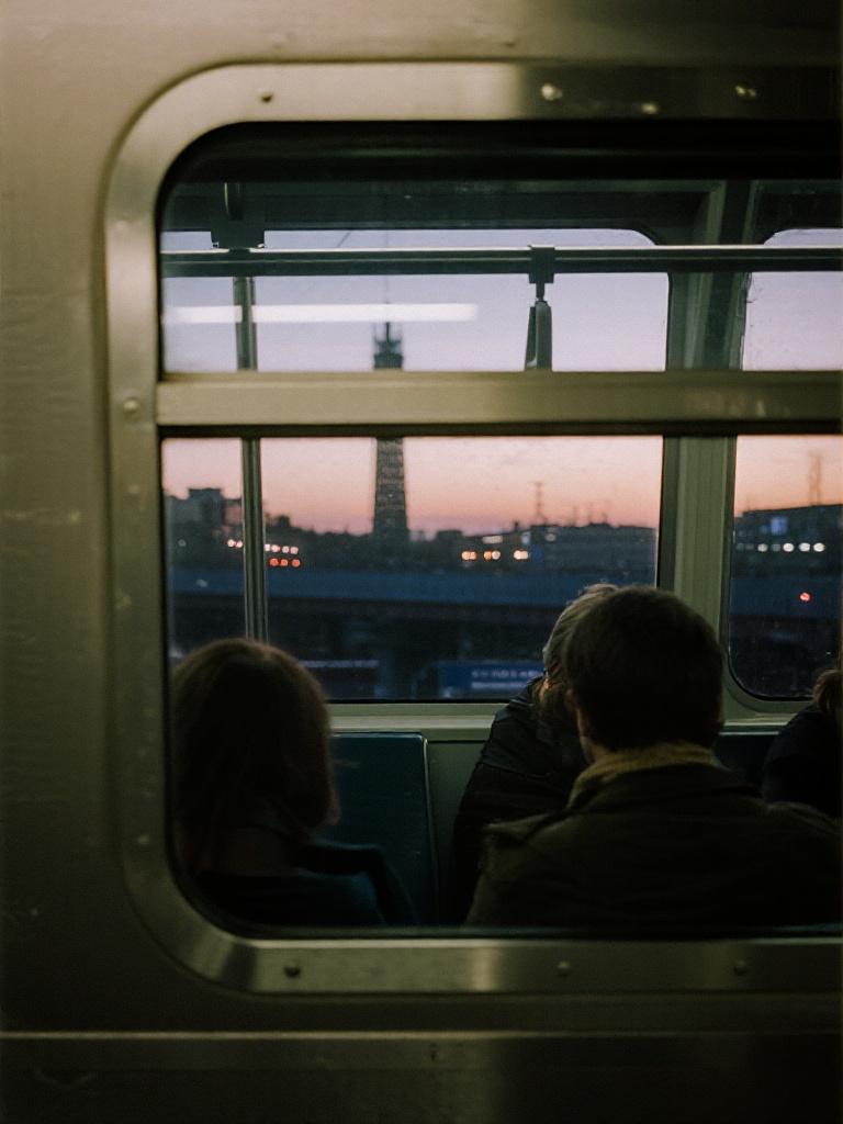 AI generated image using DREAMINA: A realistic cinematic shot inside a train during evening commute. Passengers loo...
