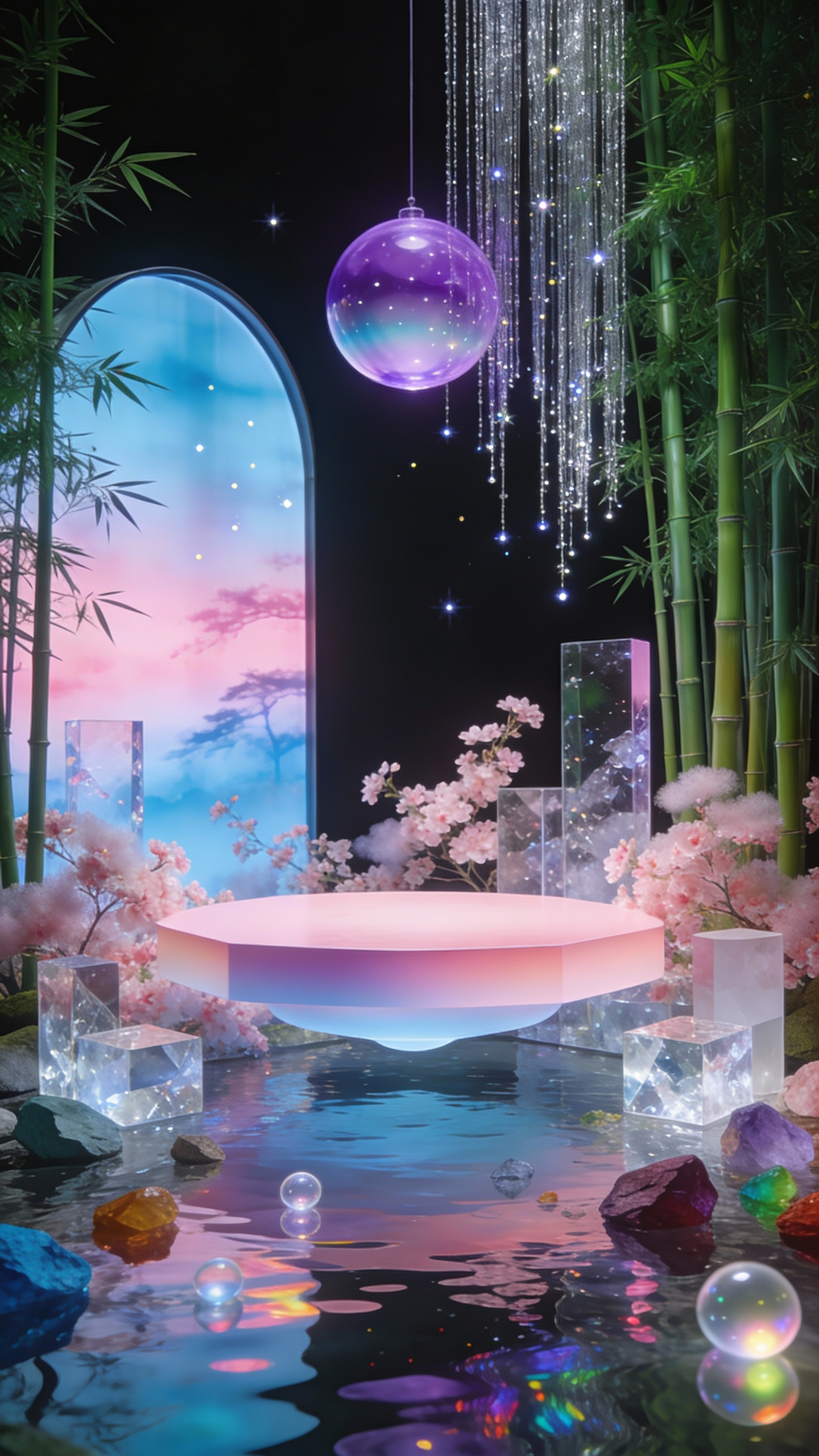 AI generated image using SEEDREAM_4_5: An immersive stage installation blending Oriental Zen with a cyber-dreamlike aes...