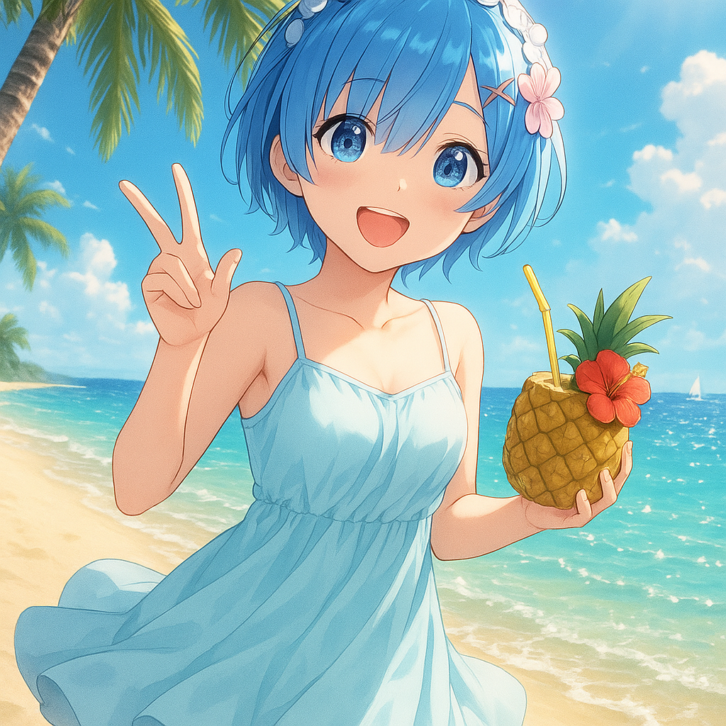 AI generated image using GPT_IMAGE_1_MINI: Rem from Re:Zero -Starting Life in Another World- is drinking tropical juice on ...