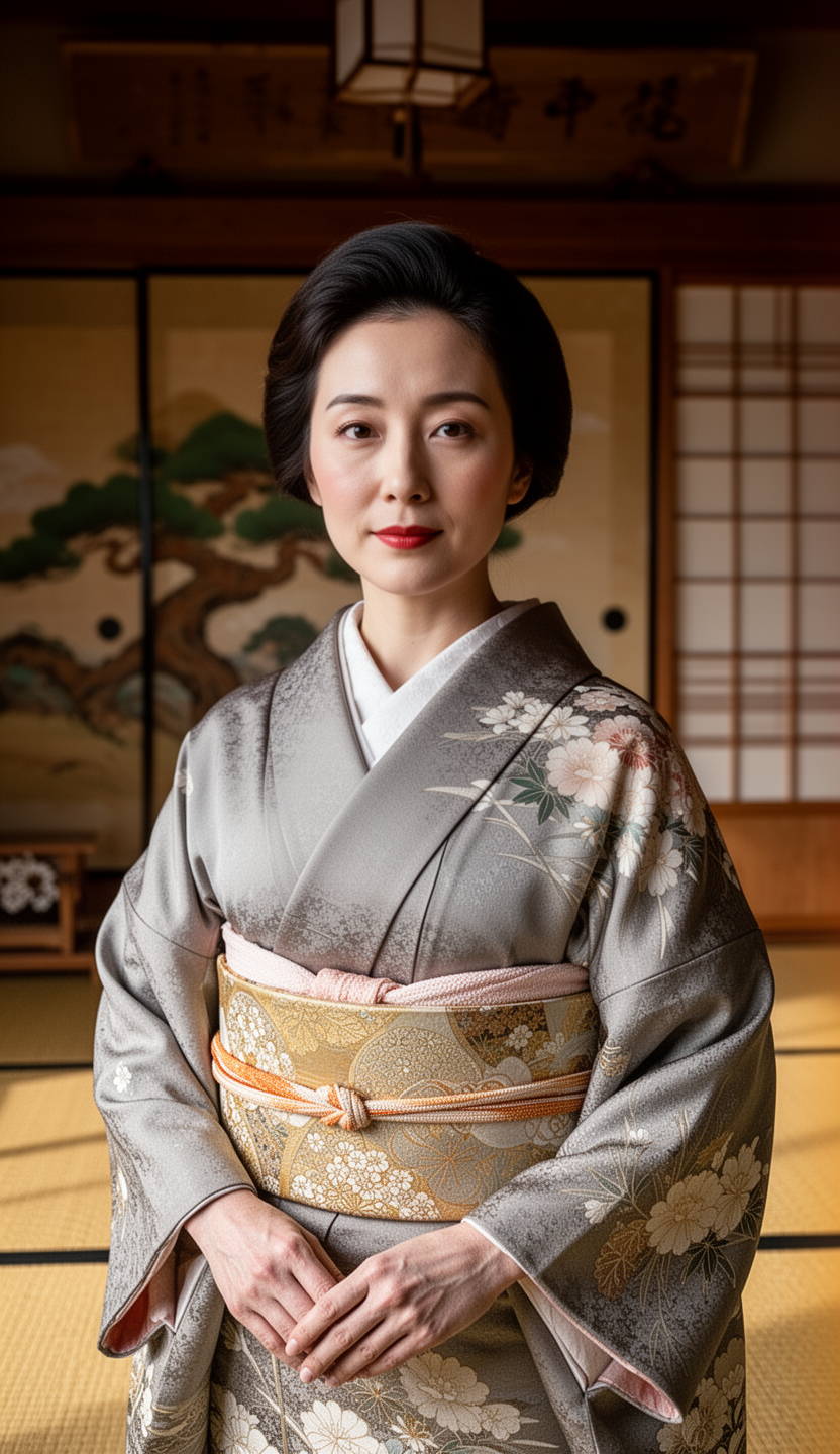 AI generated image using WERYAI_IMAGE_2_0: a Japanese woman, wearing a kimono, traditional Japanese background, photorealis...